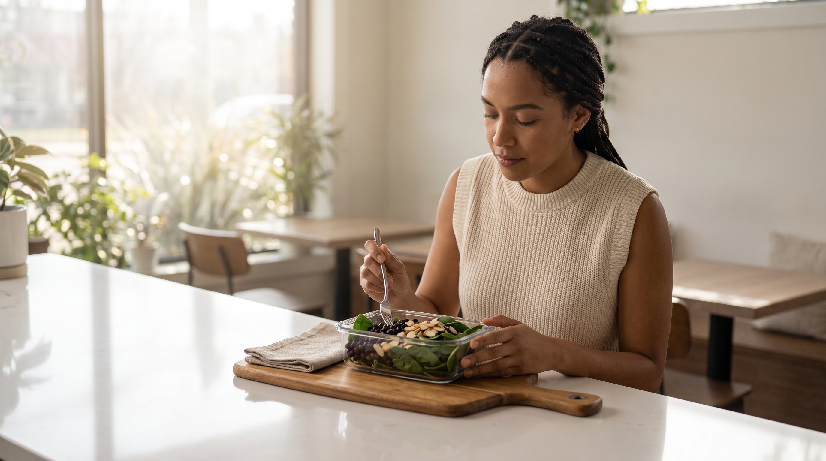 person packing a lunchbox with spinach almonds and black beans