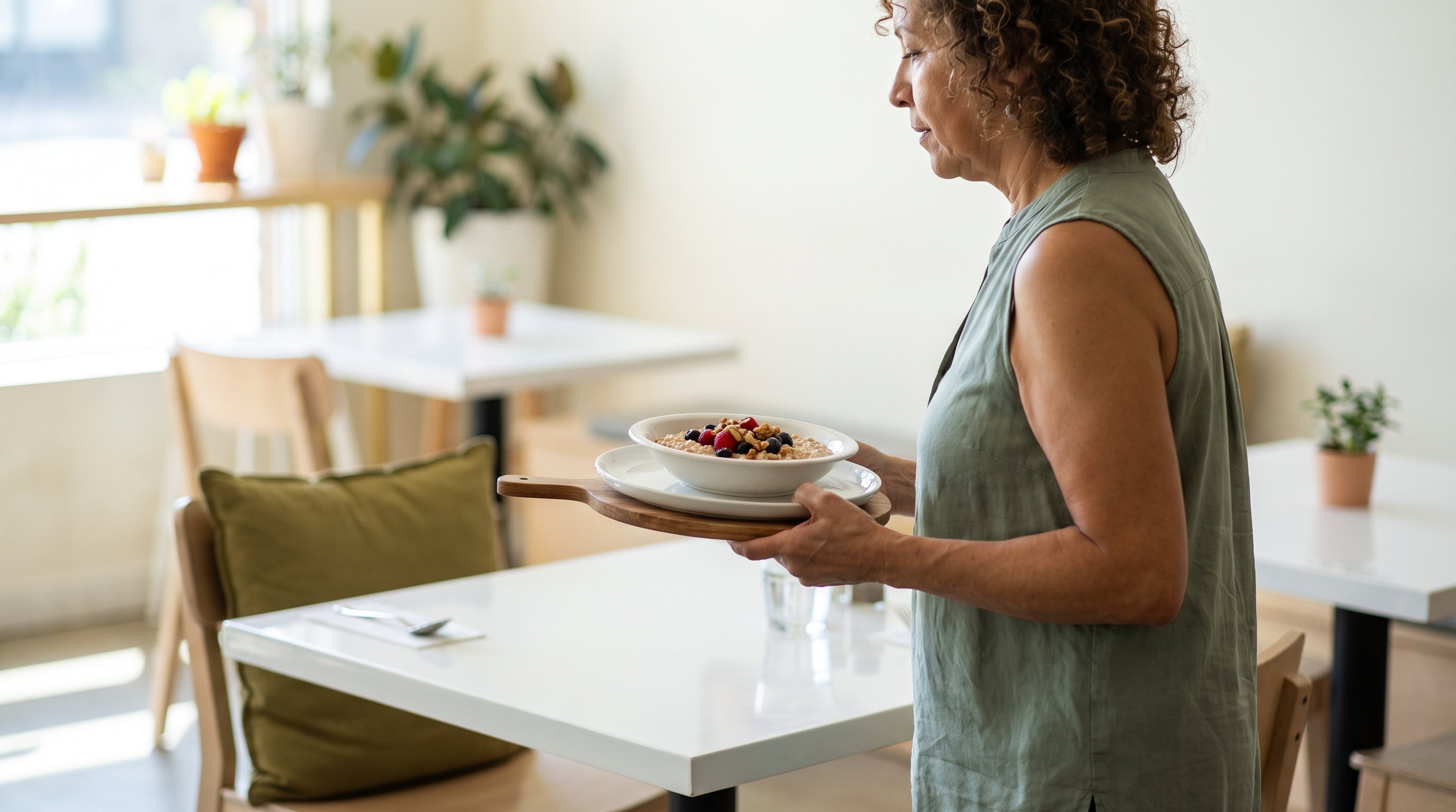 bowl of oats with berries and nuts on a kitchen counter