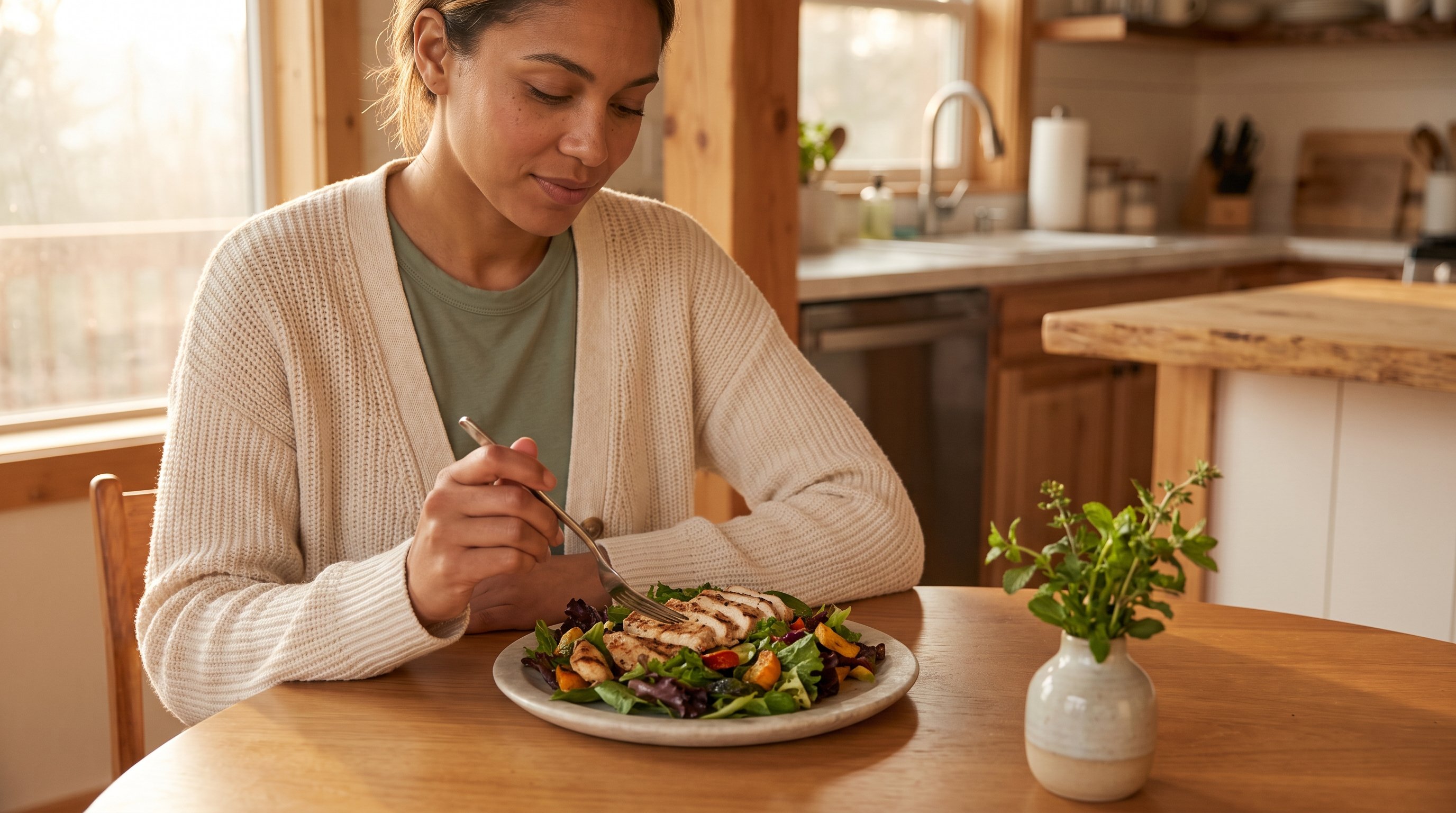 grilled chicken salad with leafy greens on a plate
