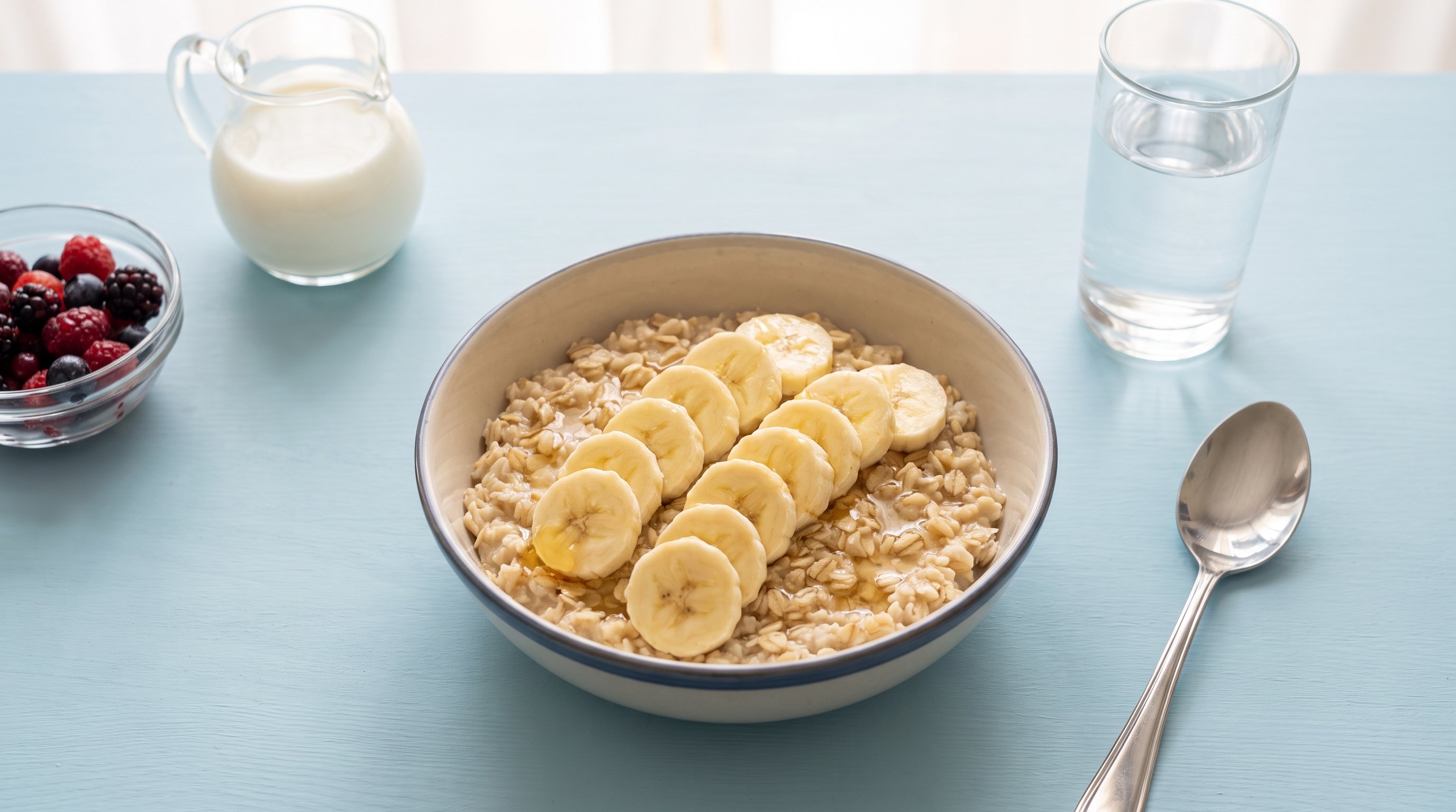 bowl of oats with sliced banana and water glass on table
