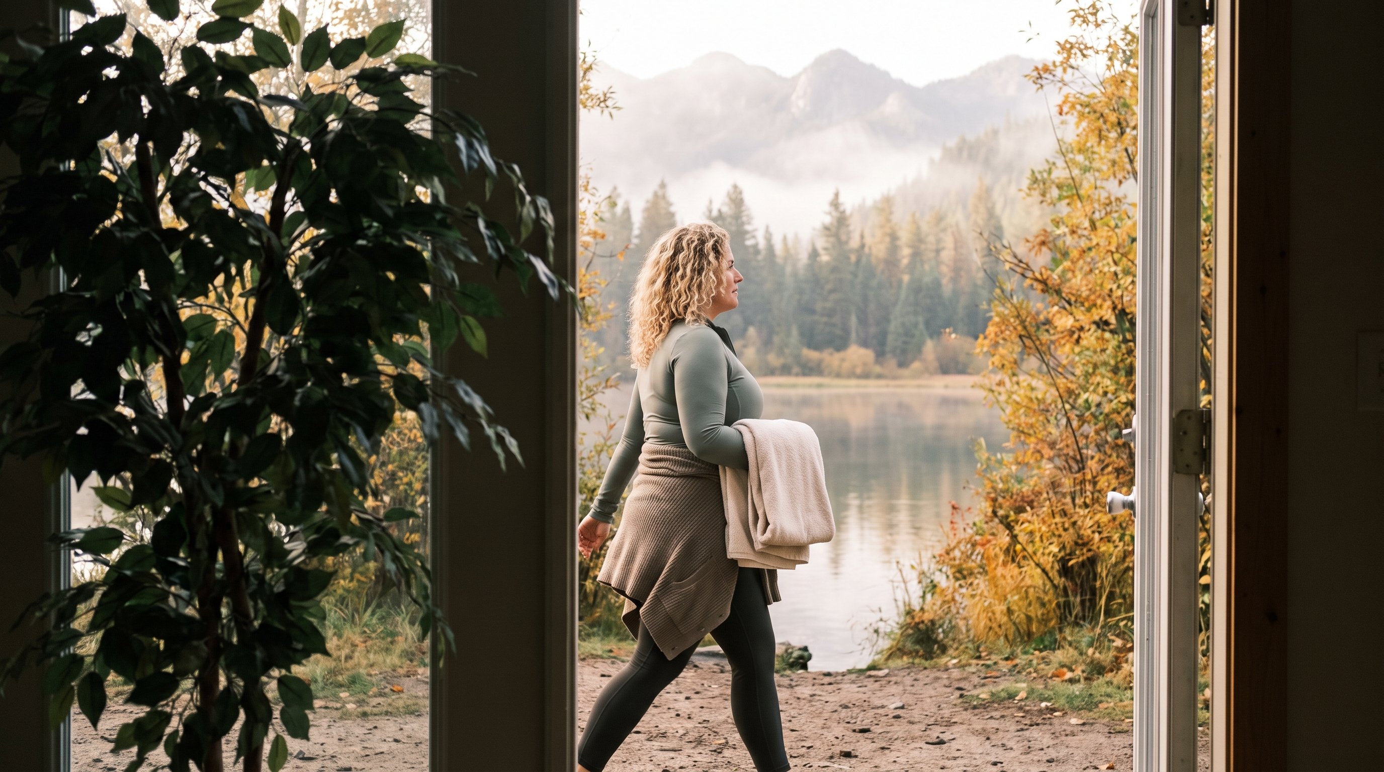 person walking along a tree-lined path in the early evening