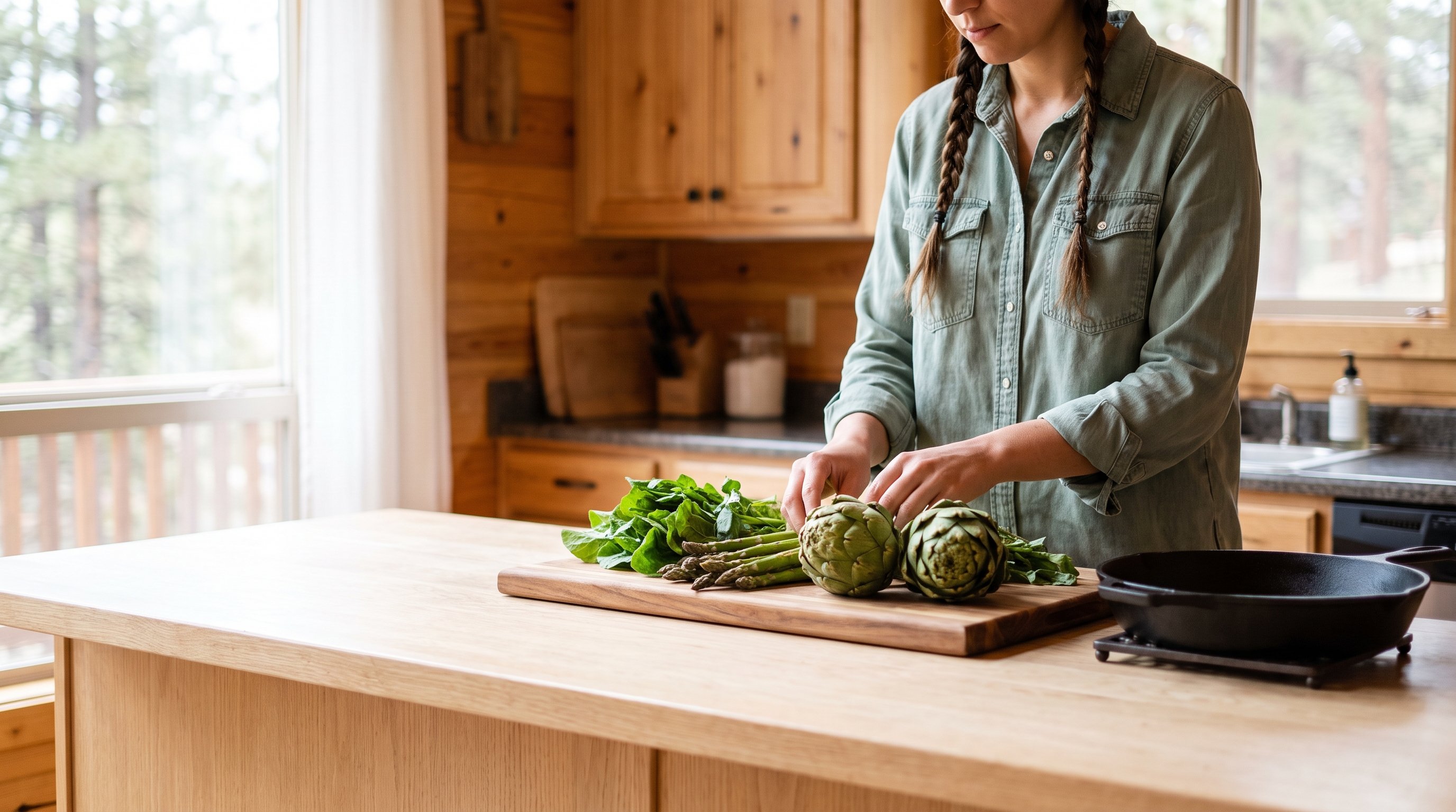 person chopping a variety of colourful vegetables on a wooden board