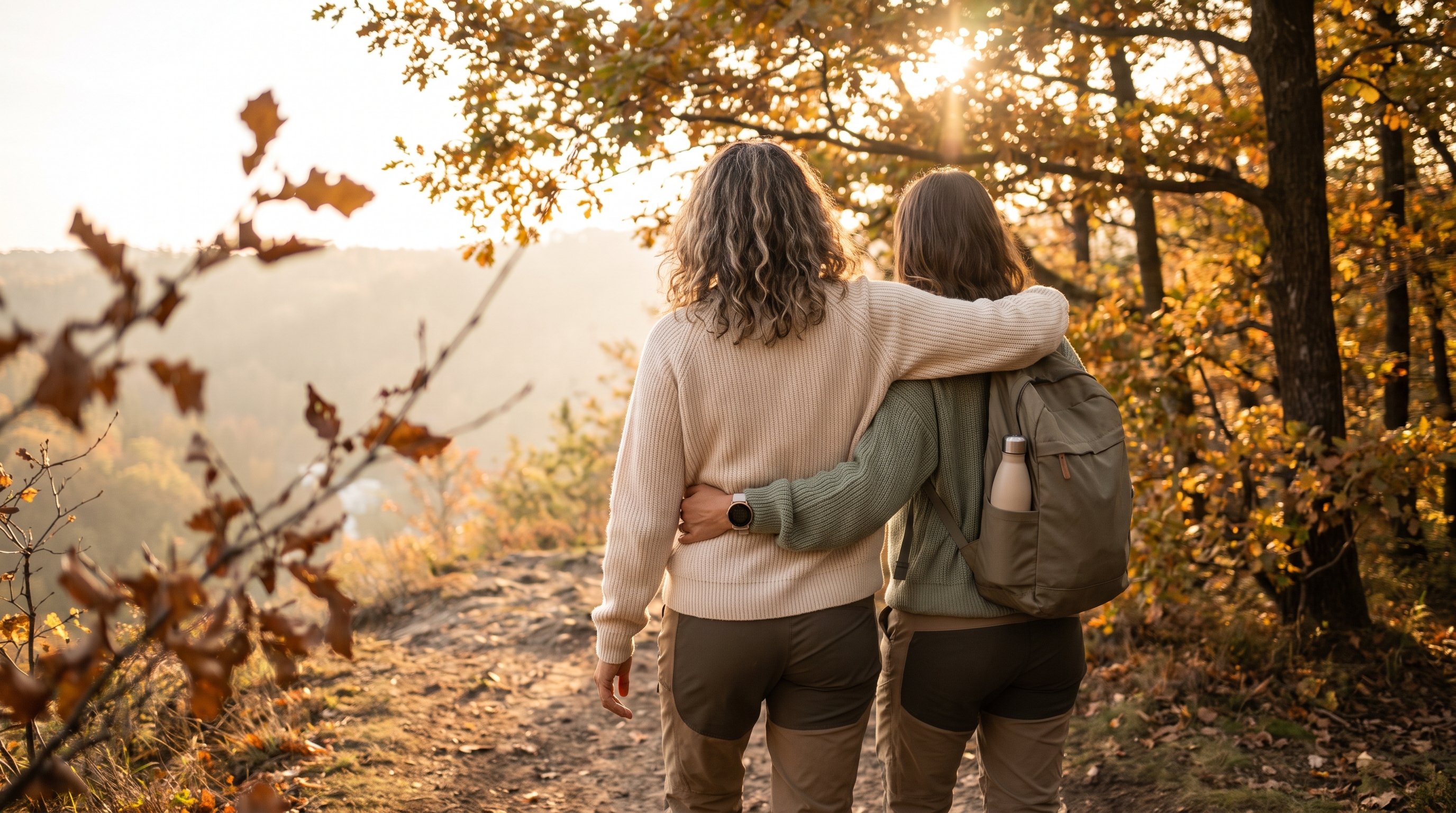 two people walking briskly along a tree-lined path during lunch break