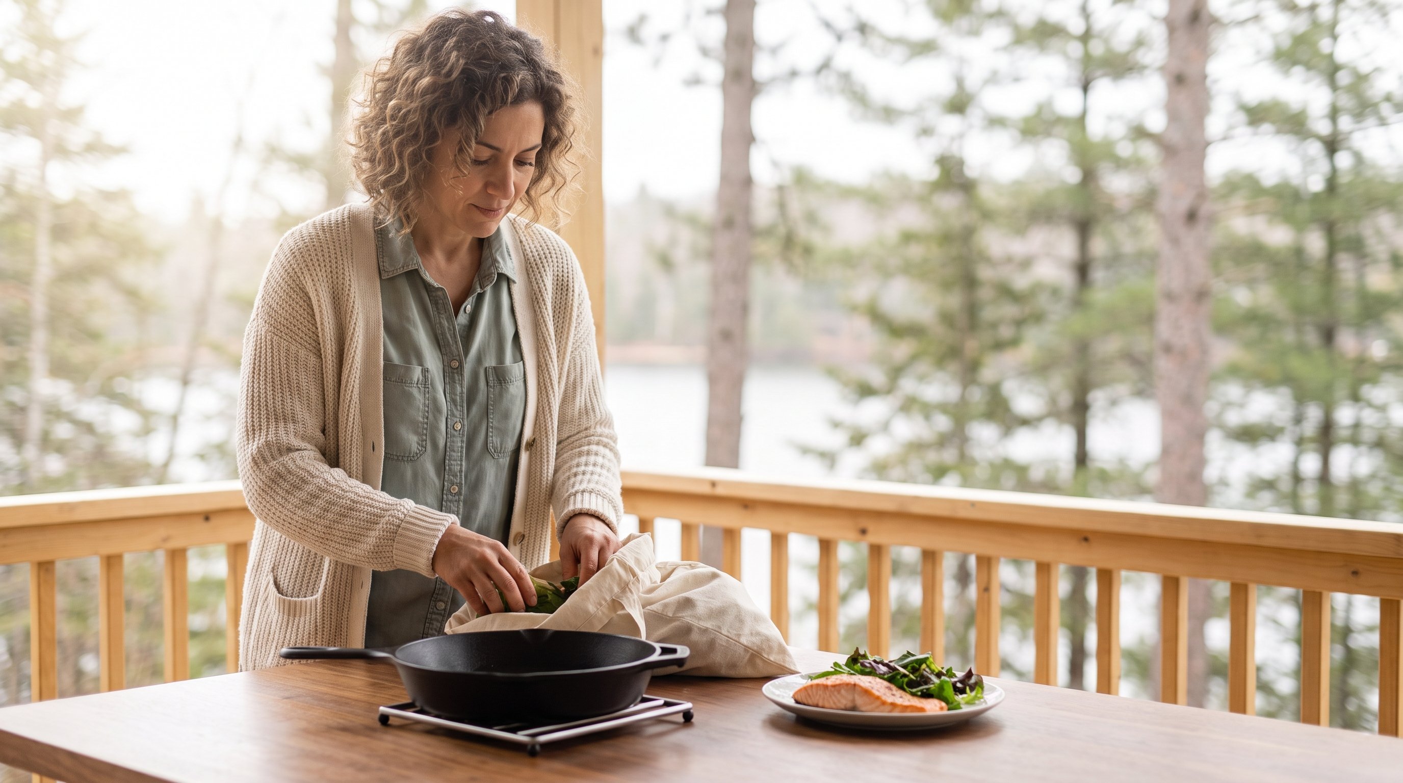 A calm woman in her 30s in a cozy knit putting groceries away in a bright wooden cabin kitchen