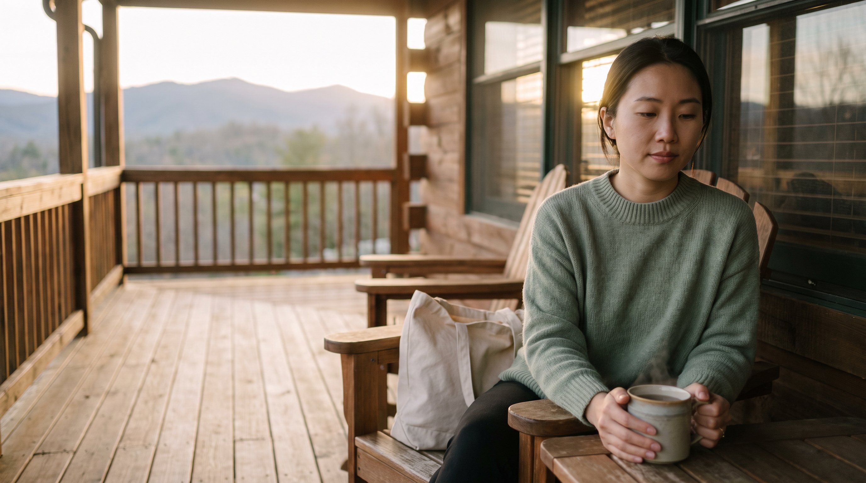 A calm woman in her 30s in a cozy knit sitting calmly at a window table with a mountain view with a cup of tea