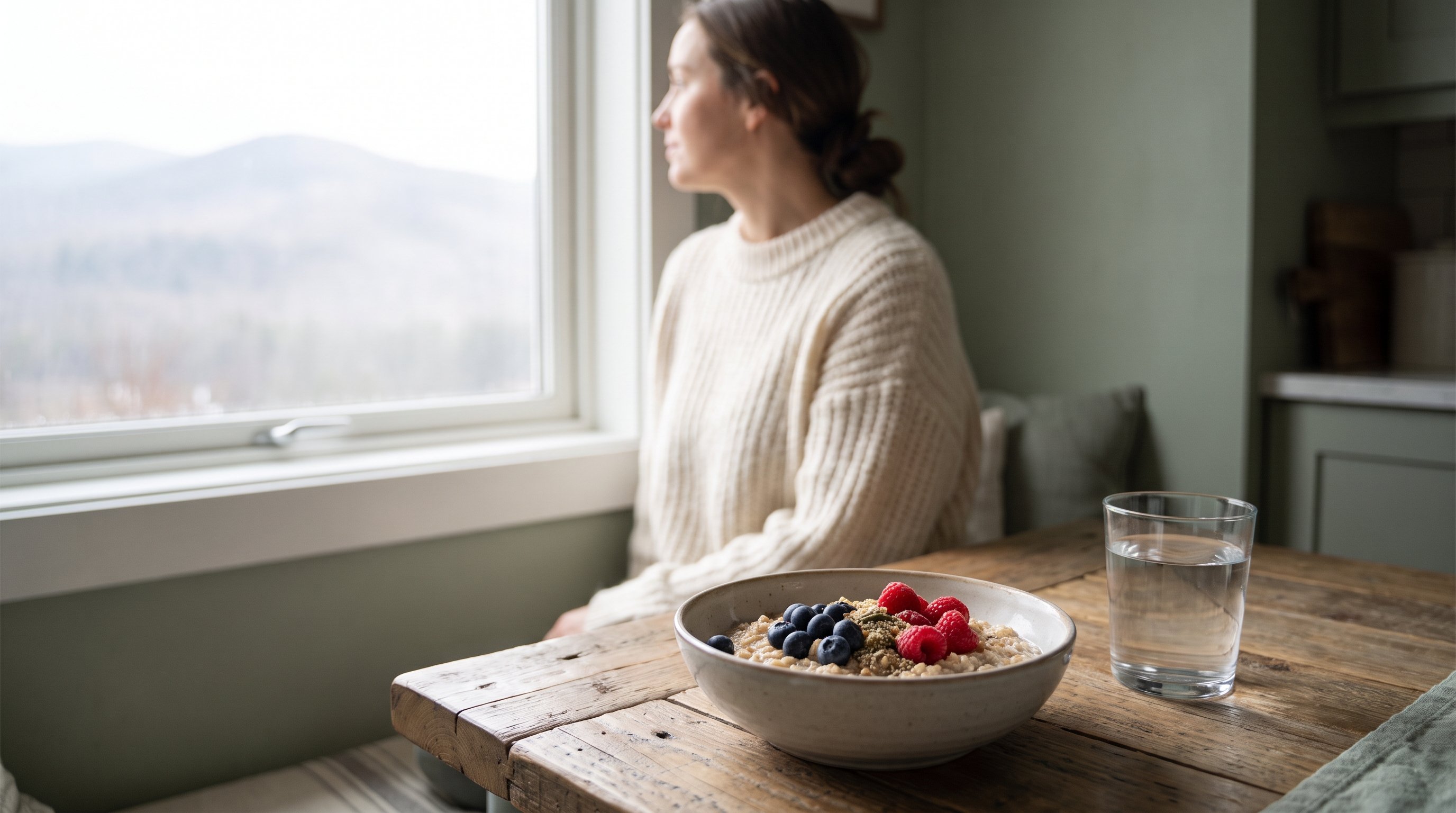 An oat bowl with berries on a window table with a mountain view beside a glass of water