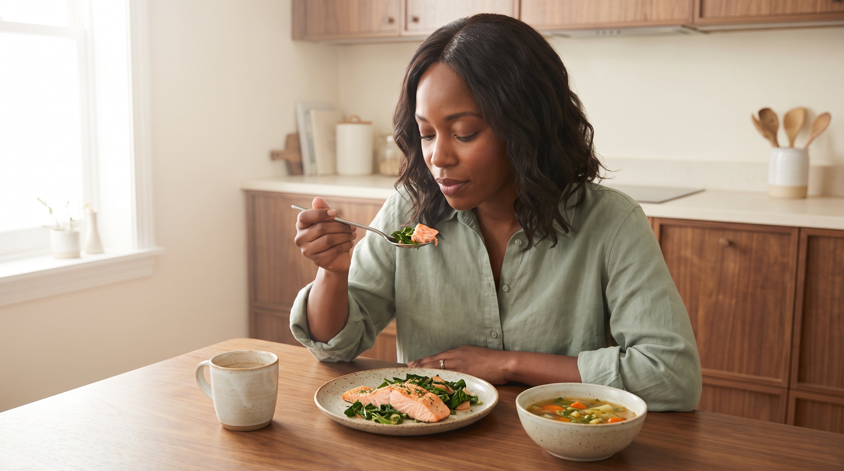 A calm woman in her 30s in a cozy knit preparing a warm vegetable soup in a bright wooden cabin kitchen