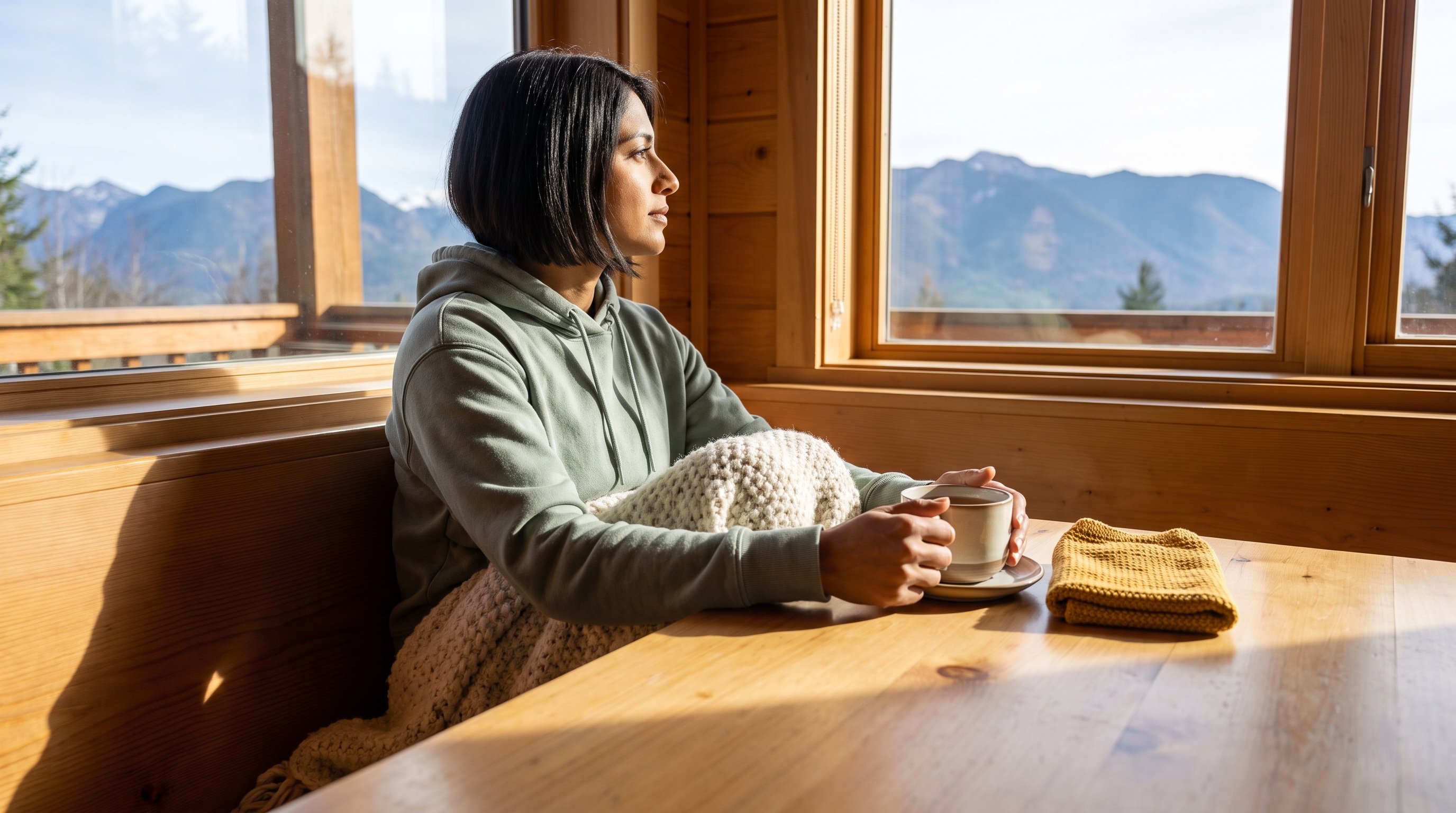 A calm woman in her 30s in a cozy knit sitting at a window table with a mountain view with a cup of tea