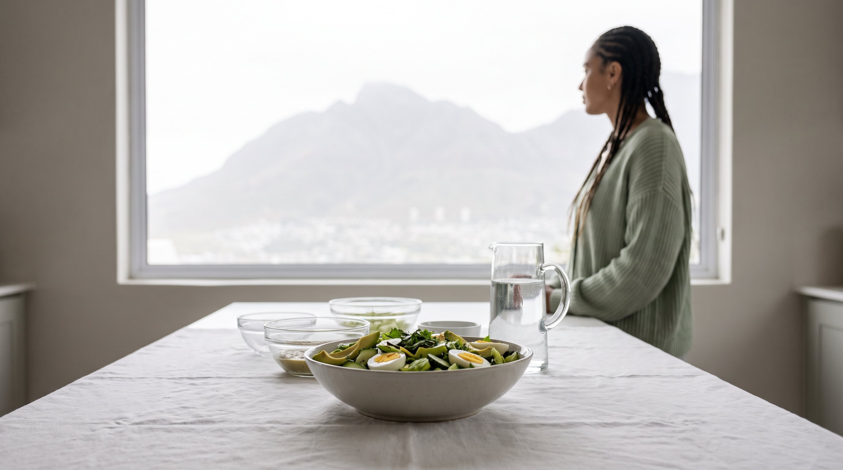 A fresh green salad bowl ready to eat on a window table with a mountain view