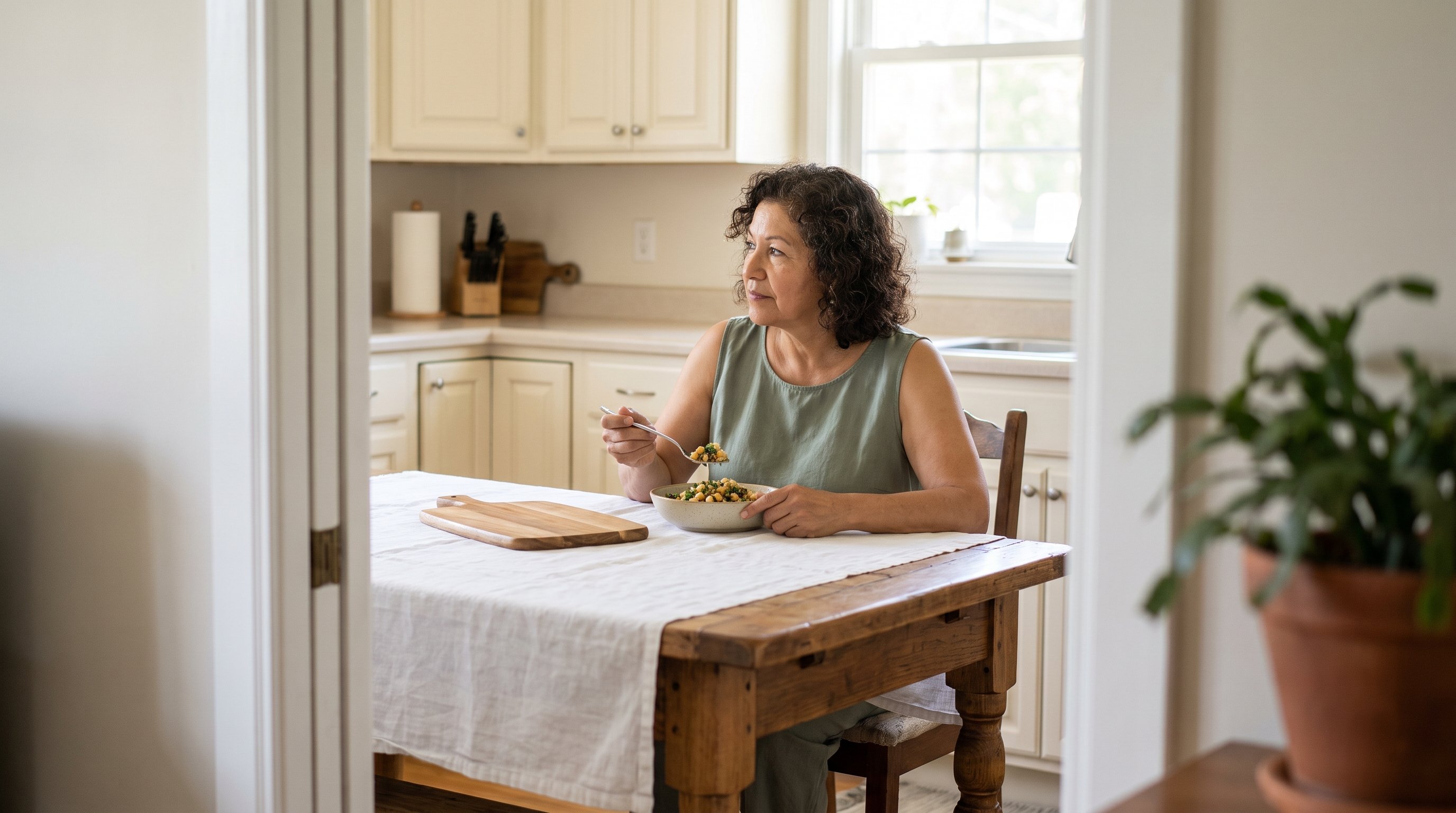 person eating slowly at a table with phone put away