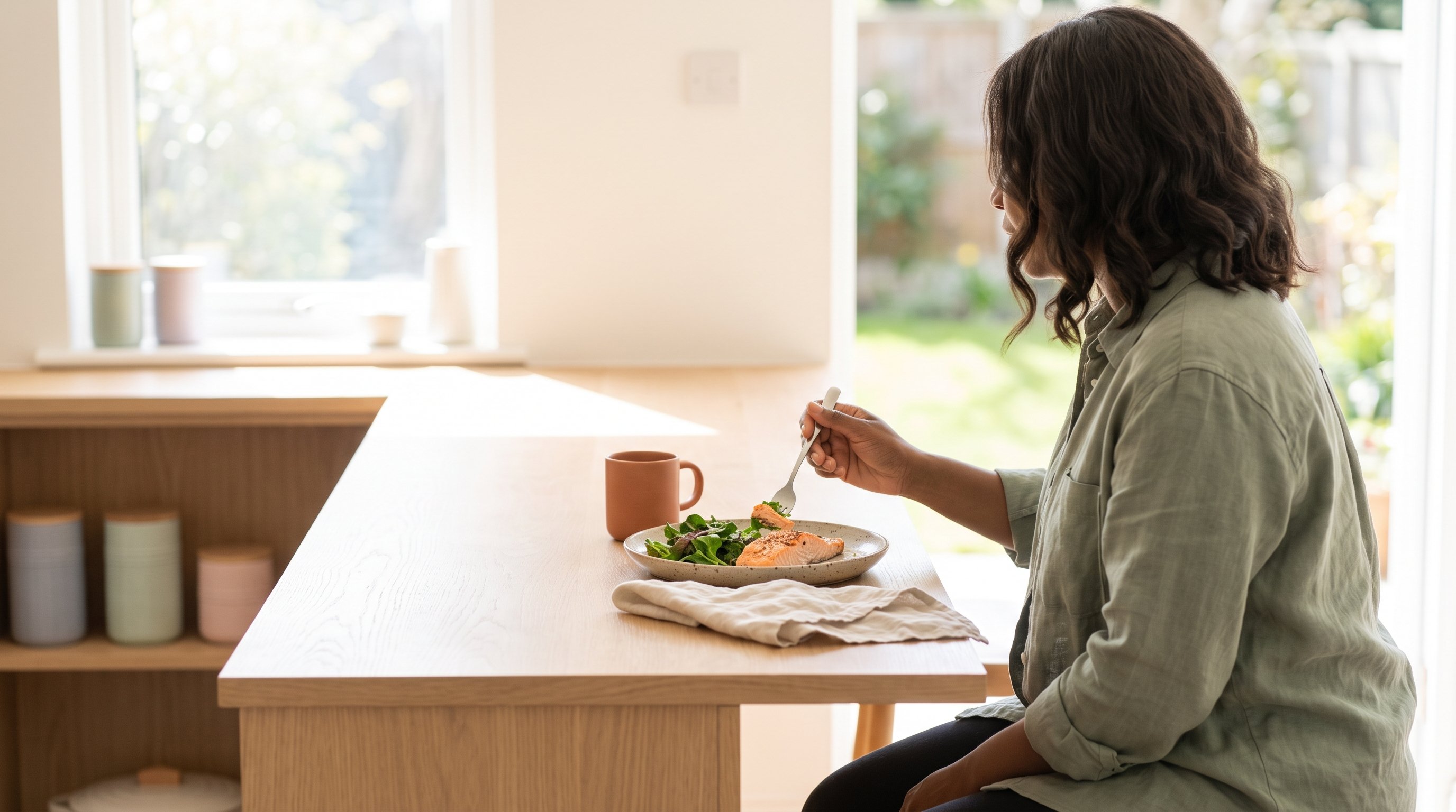 person plating a modest dinner portion at a kitchen counter