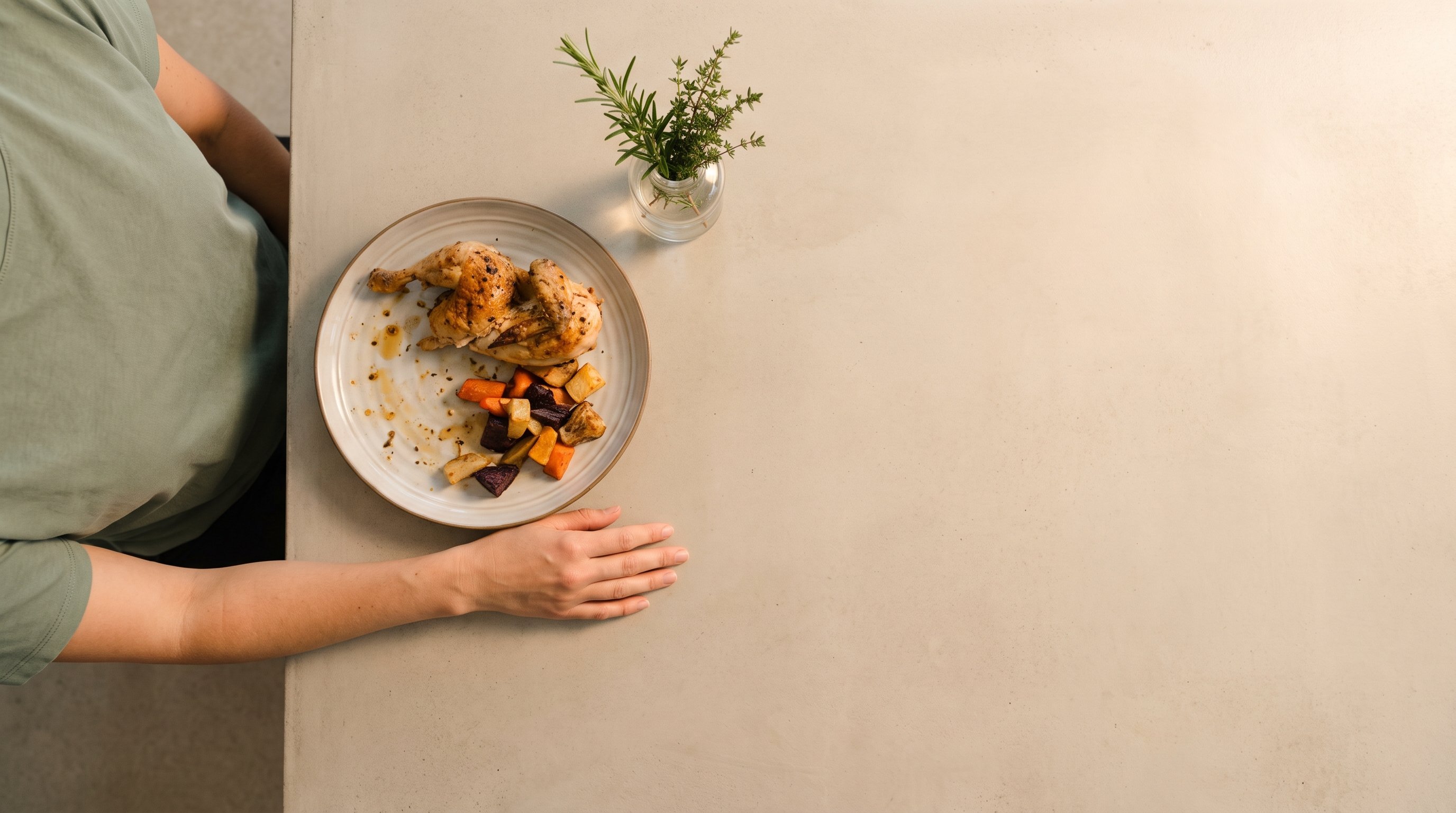 hand holding a palm-sized portion of chicken next to a plate
