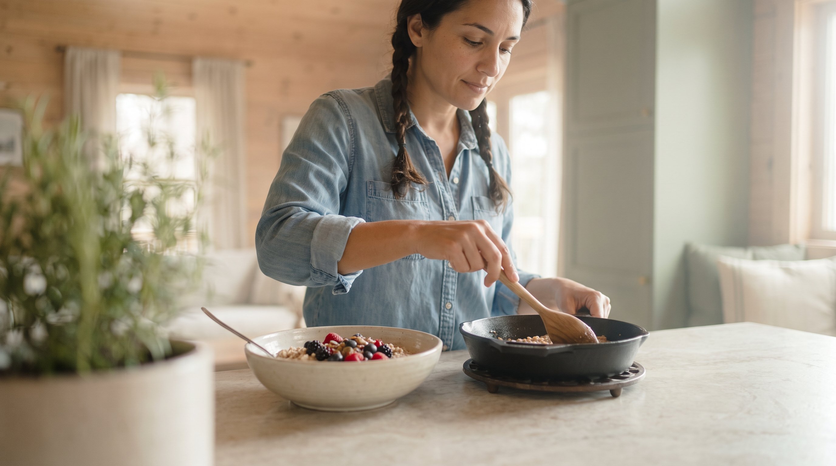 A calm woman in her 30s in a cozy knit cooking an oat bowl with berries in a bright wooden cabin kitchen