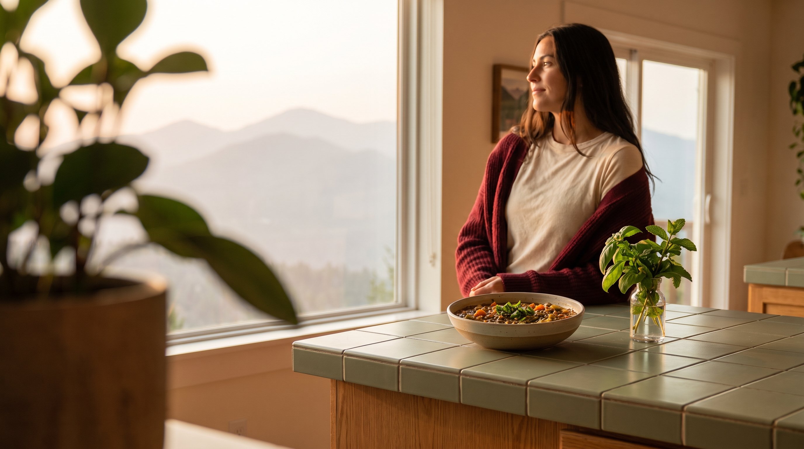 A fresh green salad bowl on a window table with a mountain view