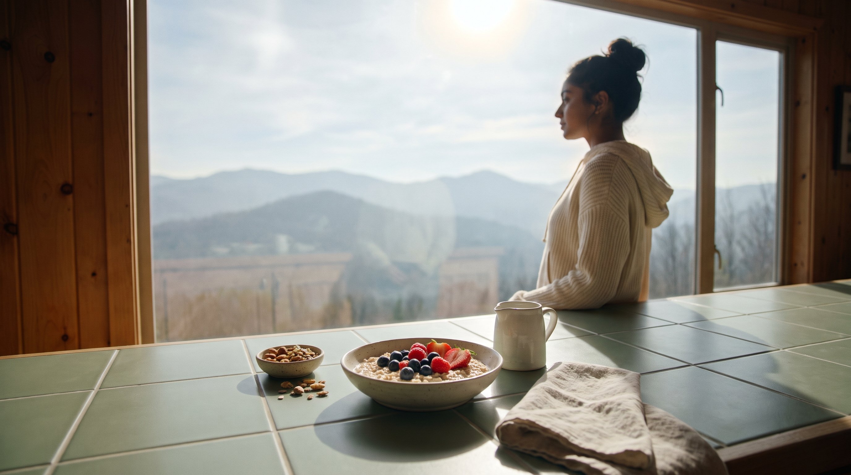 An oat bowl with berries beside fresh ingredients on a window table with a mountain view