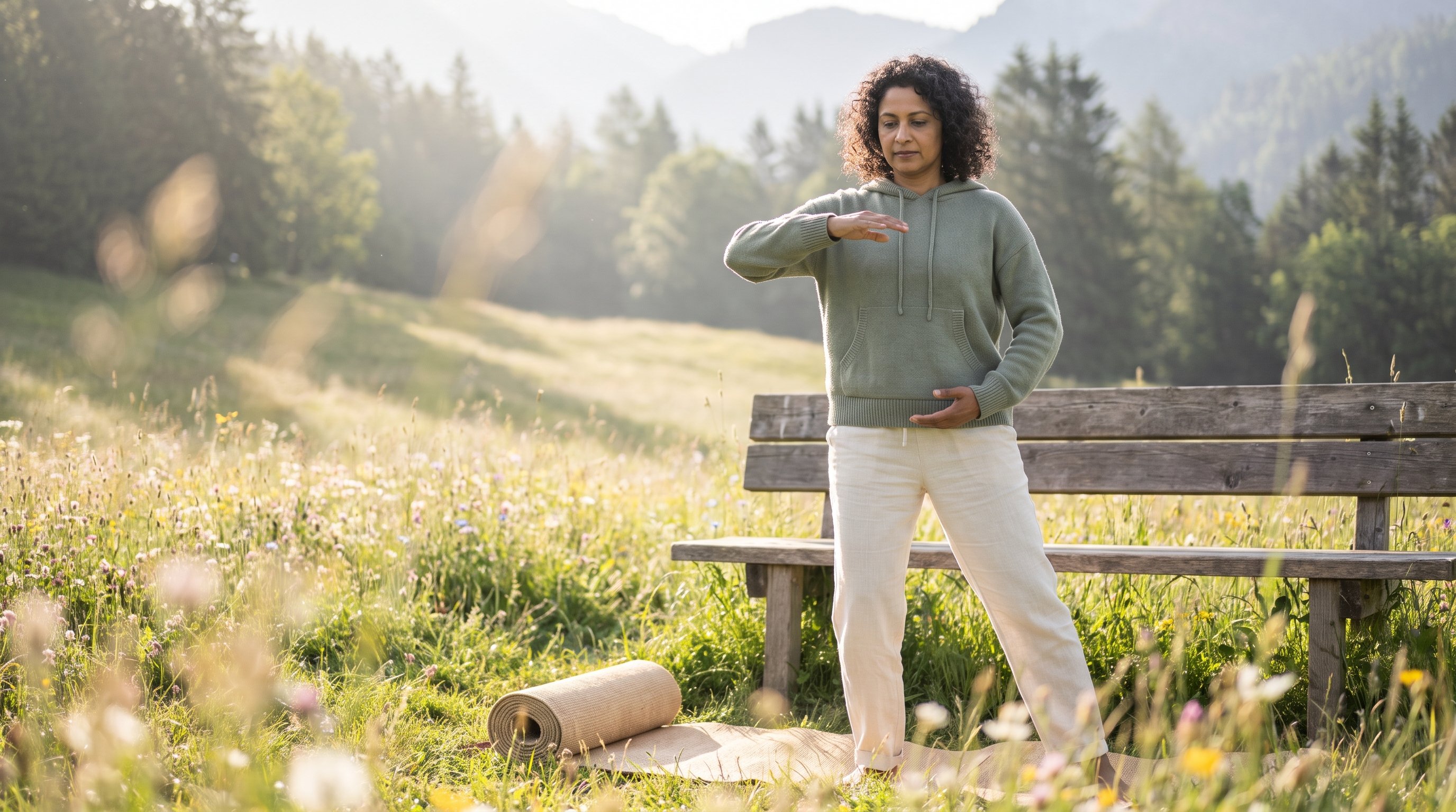 older man practising qigong arm movements outdoors near a bench
