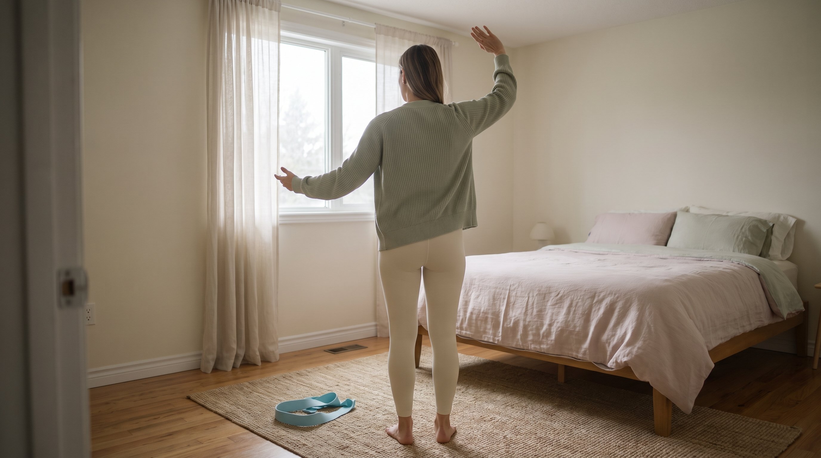 person doing a short qigong breathing sequence in a home kitchen