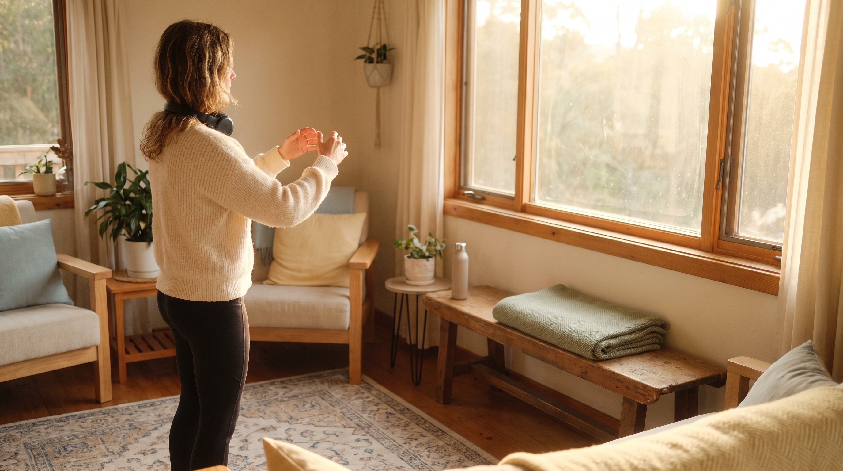 woman practising slow standing qigong movements in a quiet garden