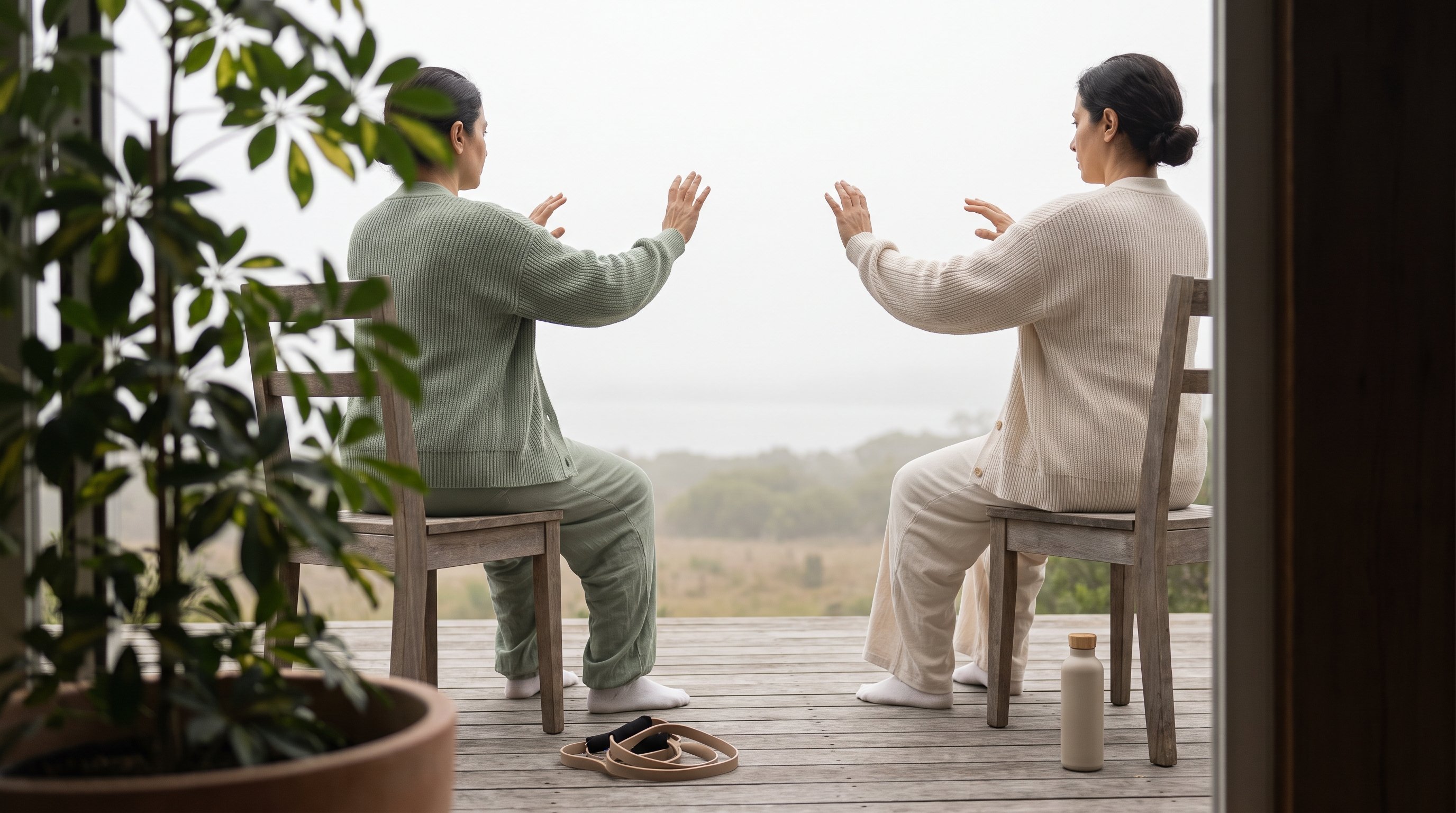 small group doing slow tai chi stances on a lawn