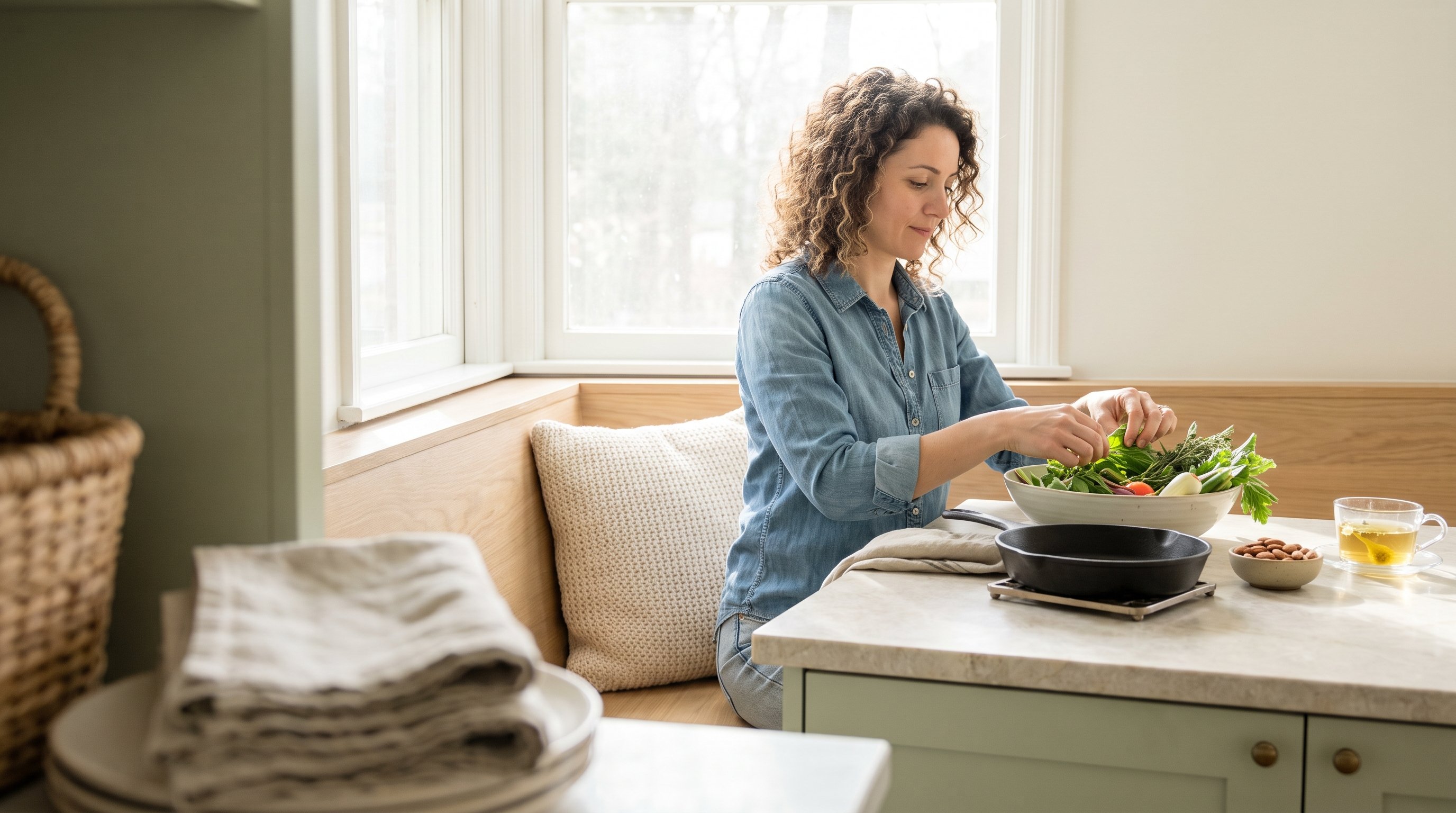 A calm woman in her 30s in a cozy knit plating a fresh green salad bowl in a bright wooden cabin kitchen