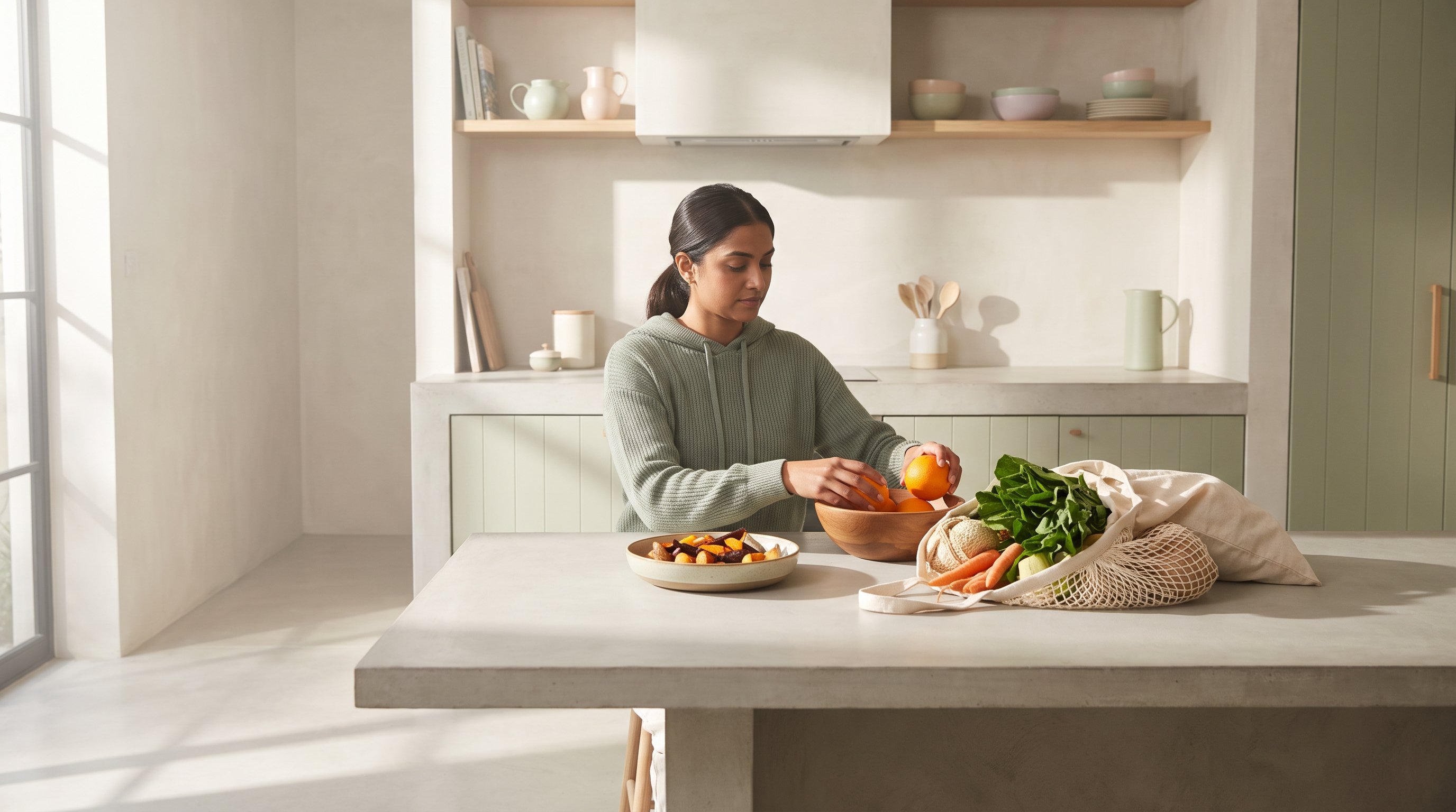 A calm woman in her 30s in a cozy knit unpacking fresh groceries in a bright wooden cabin kitchen