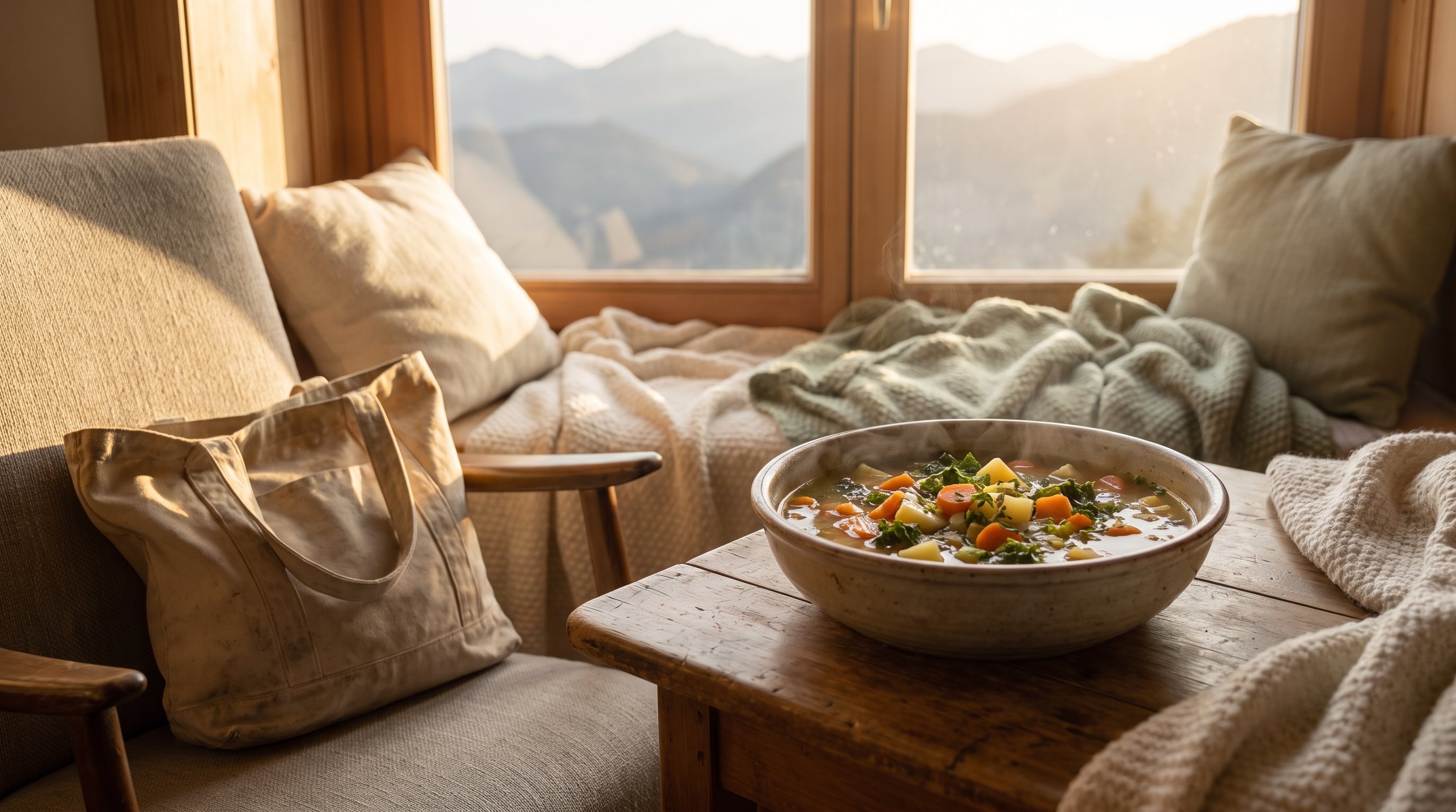 A warm vegetable soup on a window table with a mountain view