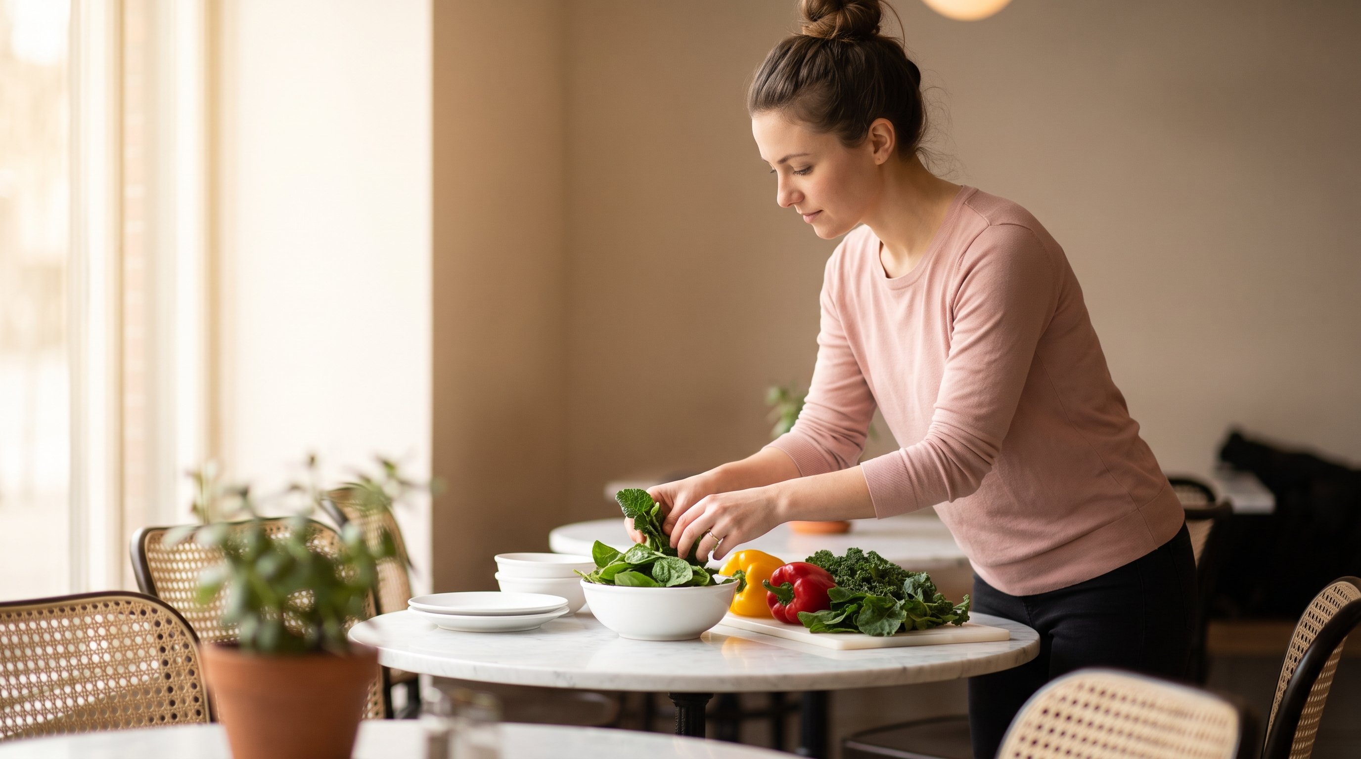 woman chopping leafy greens and peppers on a kitchen counter