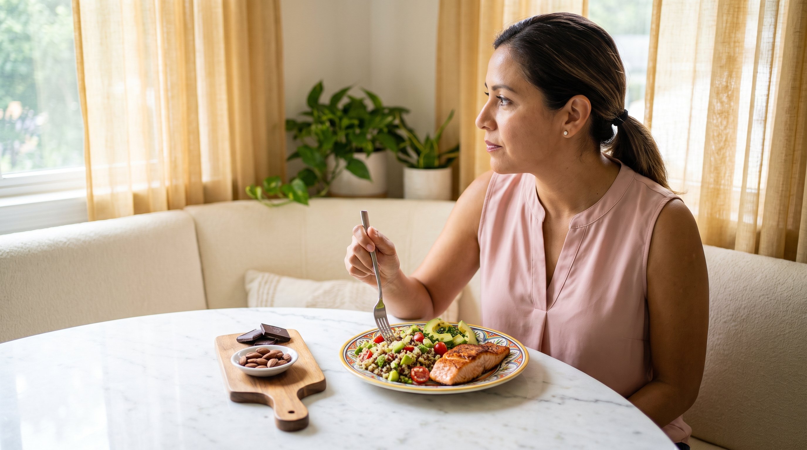 A colourful salmon and quinoa plate served on a cozy breakfast table