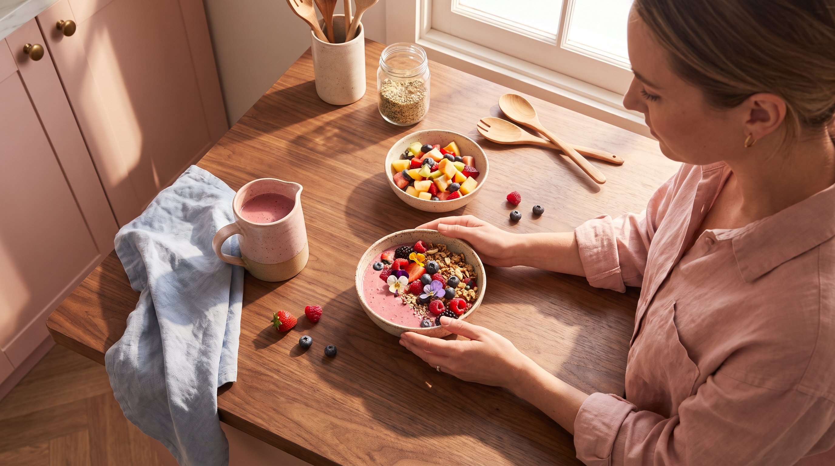 A woman in her 30s smiling while cooking a berry smoothie and a fruit bowl in a sunlit kitchen