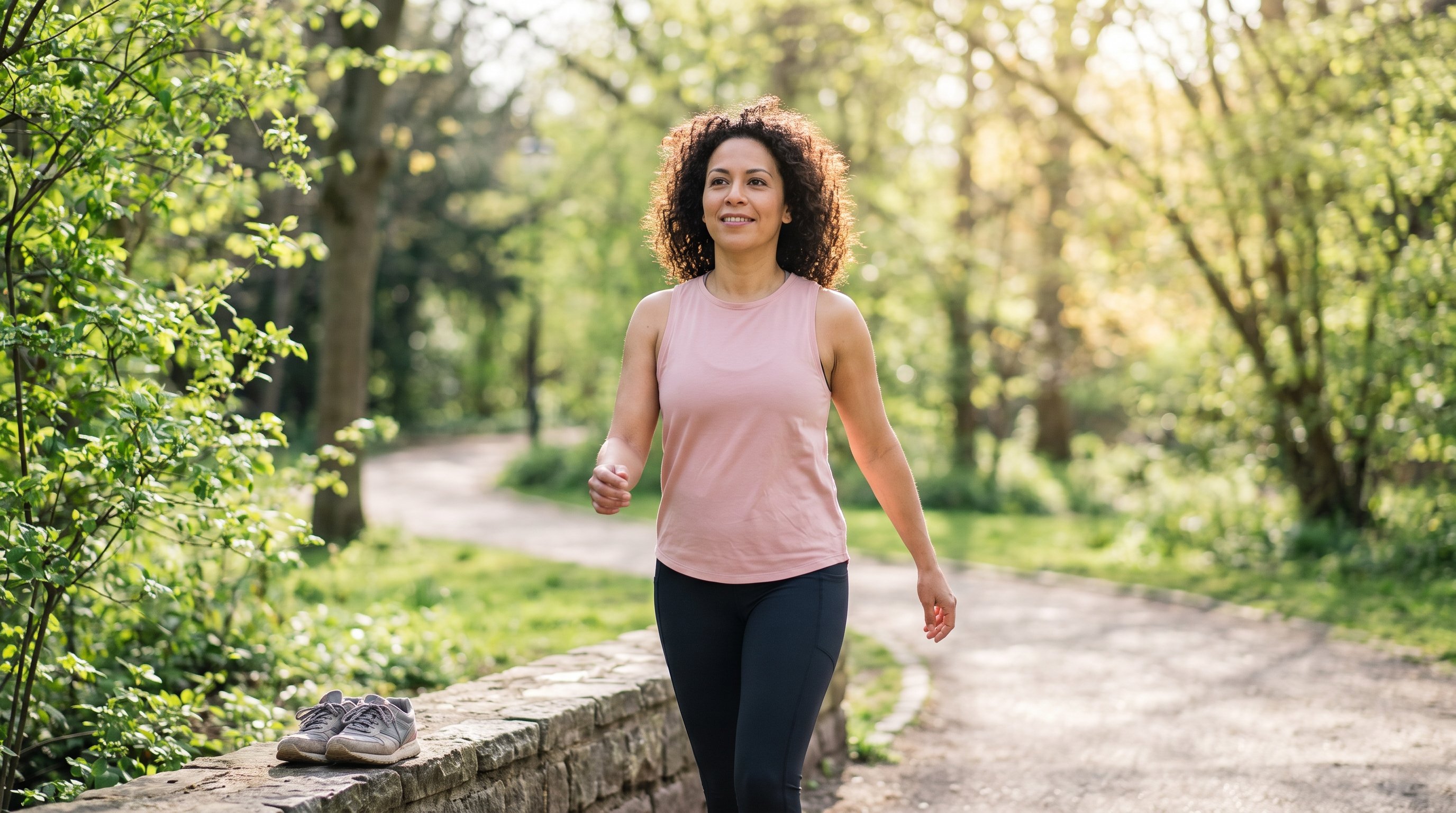 A woman in her 30s walking outdoors on a sunny neighbourhood path