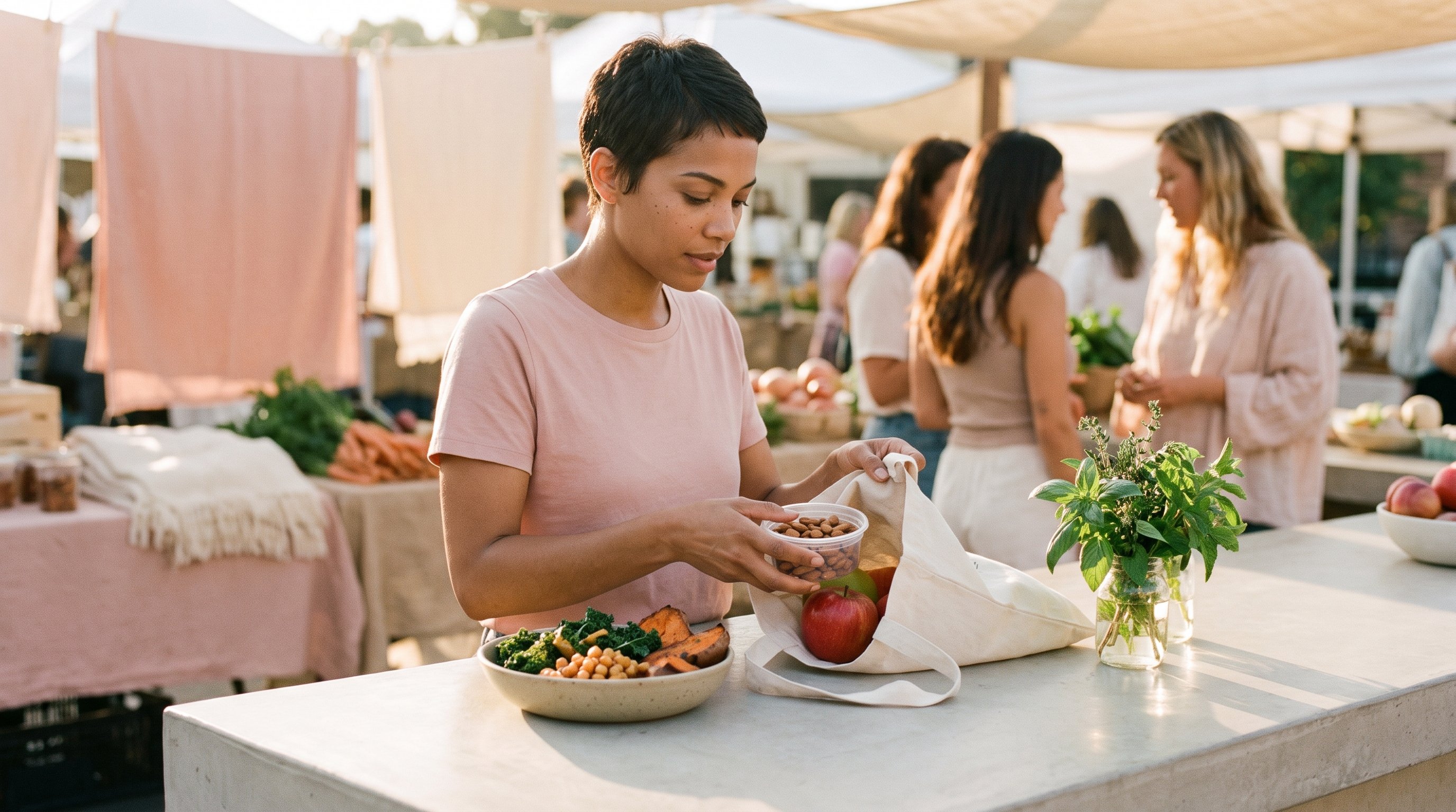 woman packing nuts and fruit into a lunch bag at home