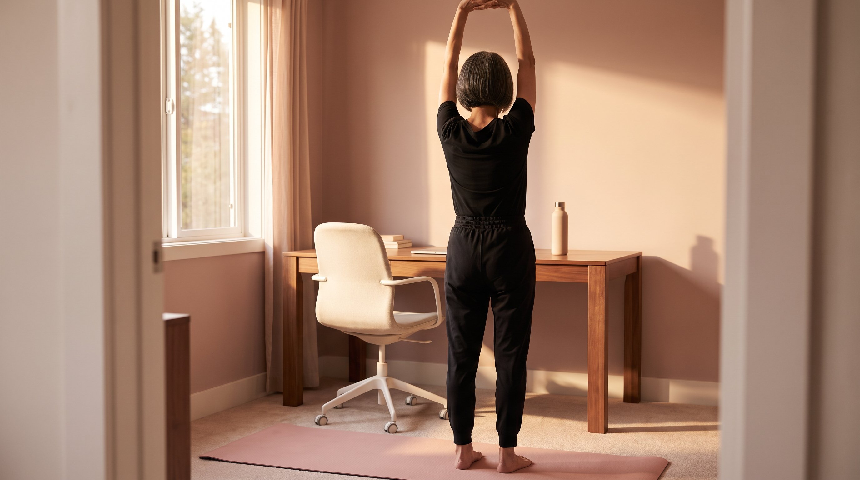 person stretching beside a desk in a home office