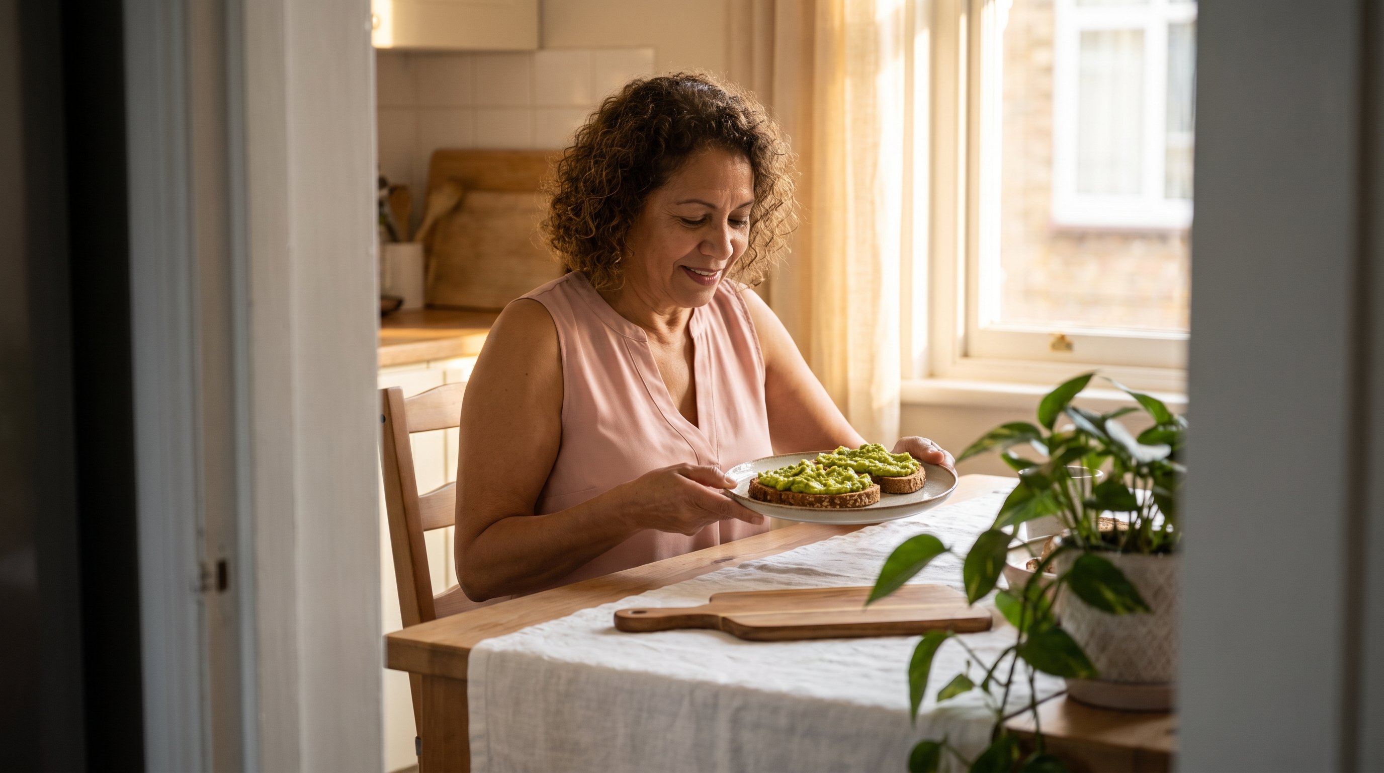 person spreading mashed avocado on wholegrain toast in kitchen