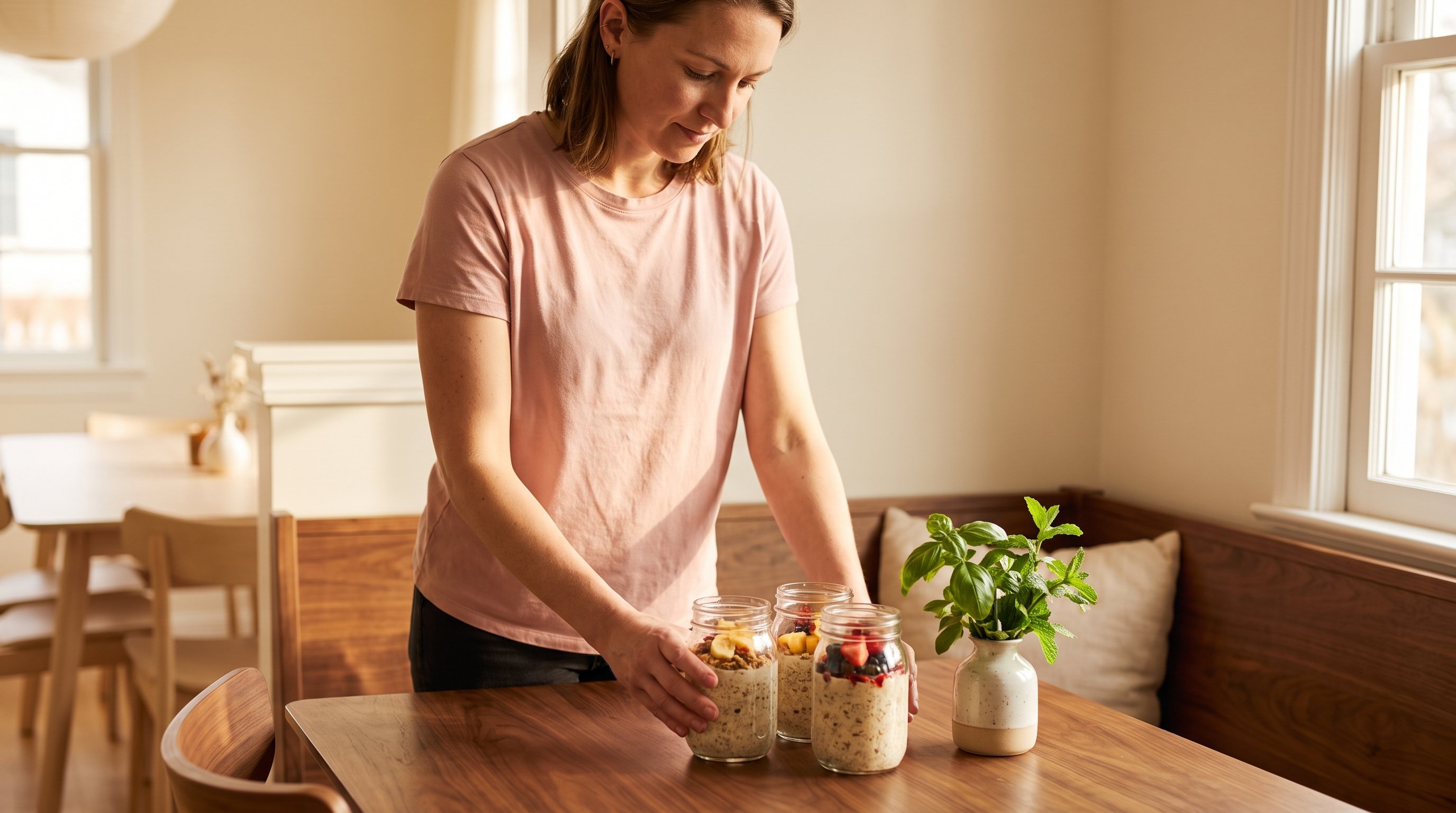 overnight oats in glass jars lined up in fridge