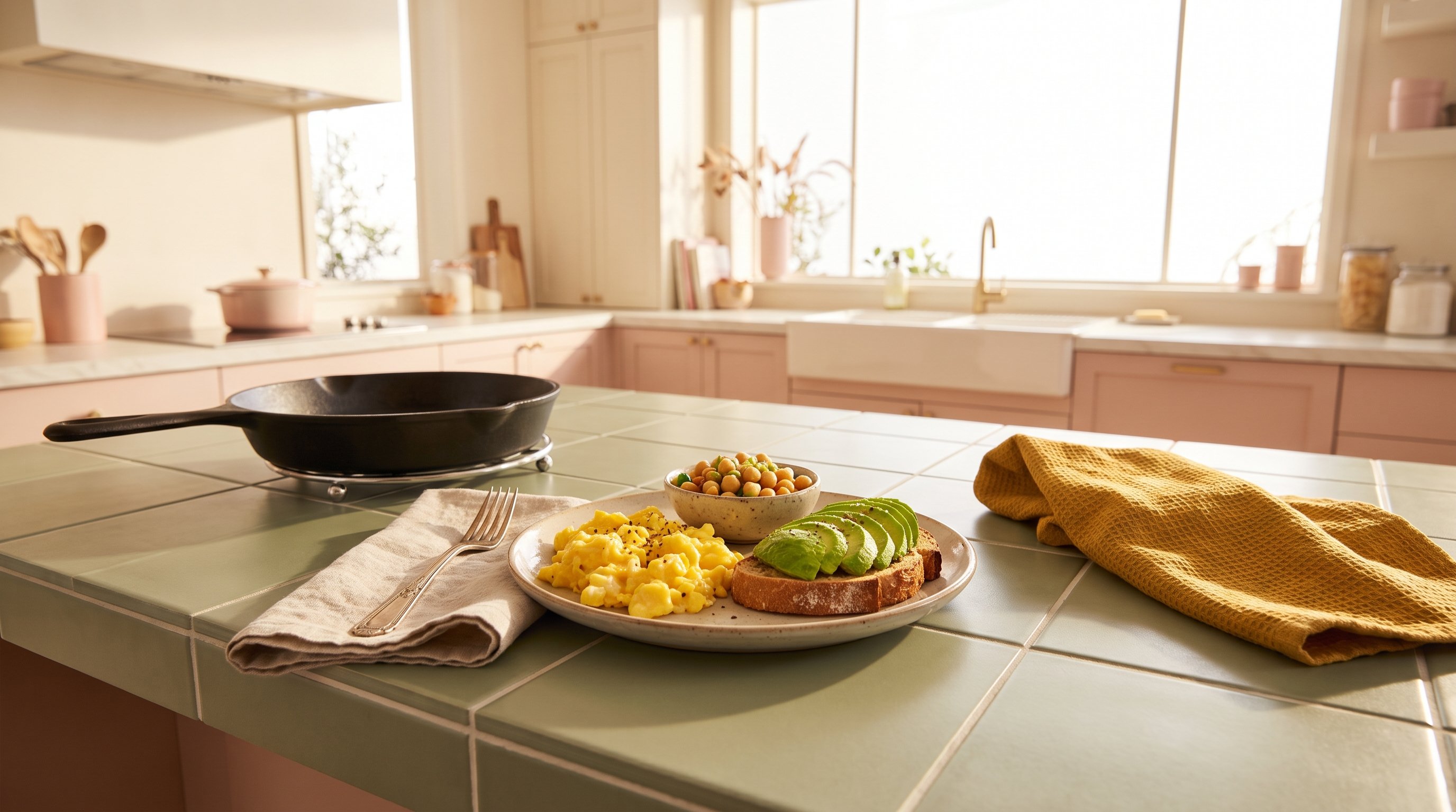 scrambled eggs and avocado on toast on a plate