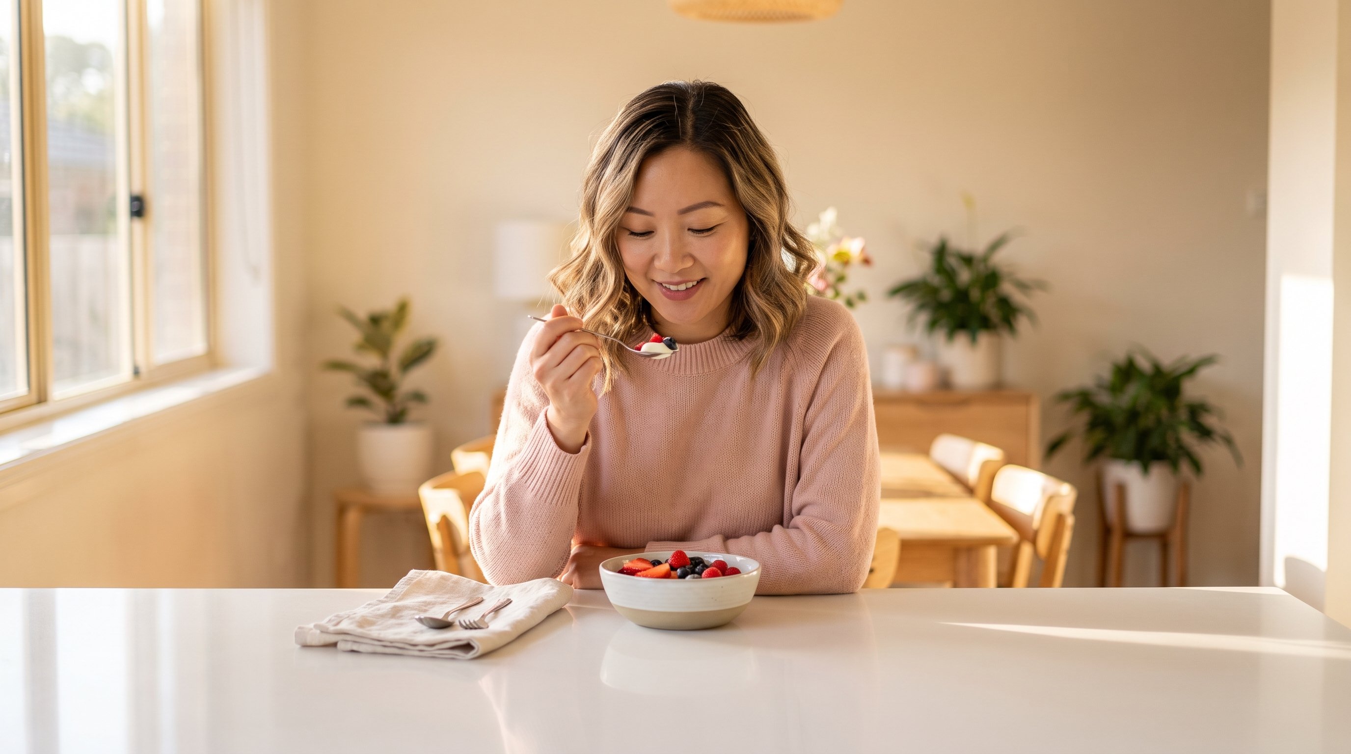 person eating greek yoghurt with berries at a kitchen table