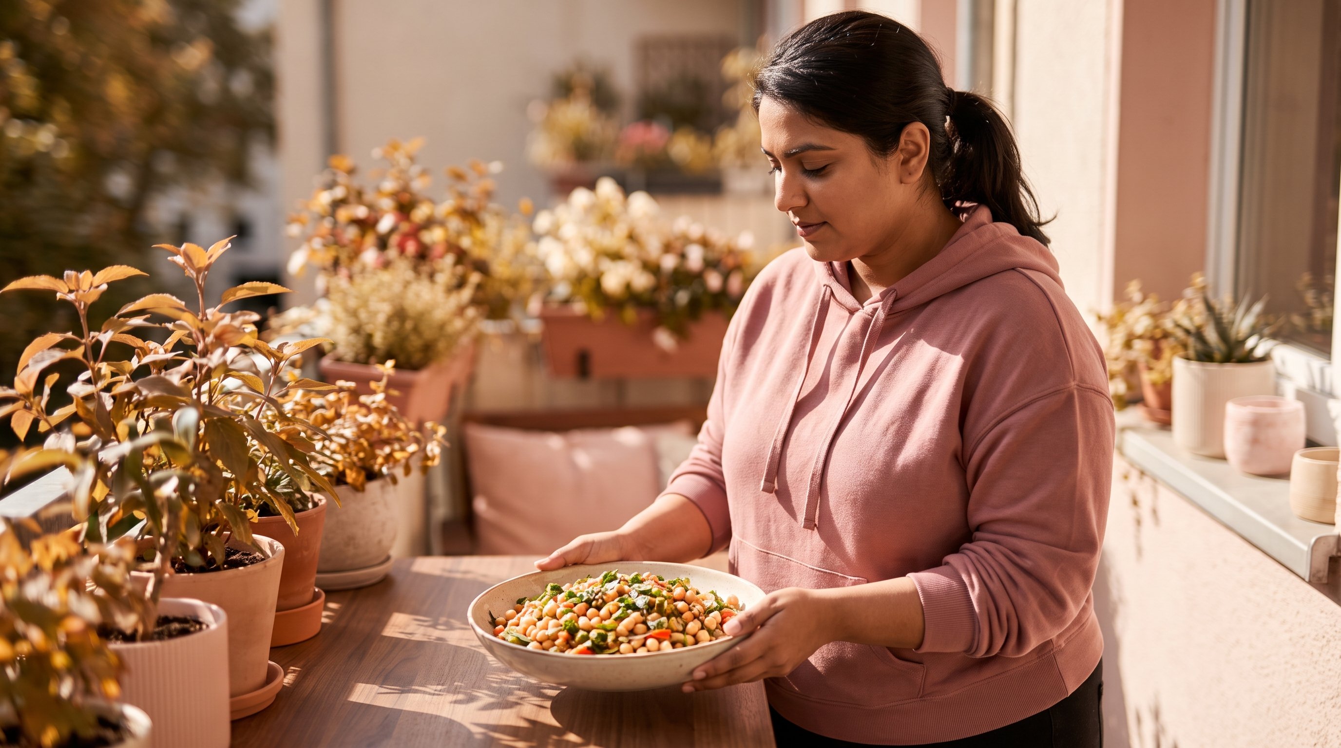 woman adding chickpeas to a bowl of salad in a home kitchen