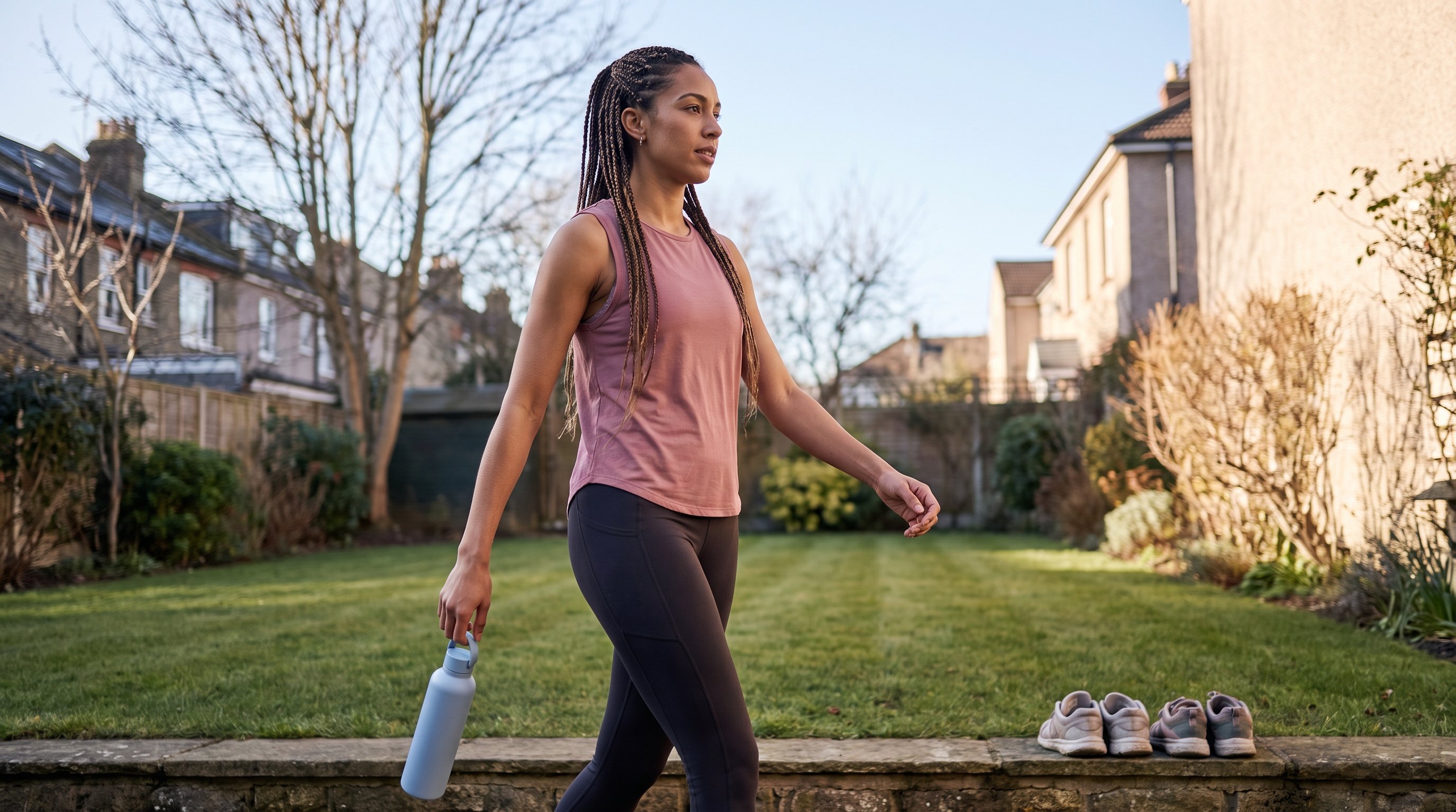 woman walking briskly along a city pavement