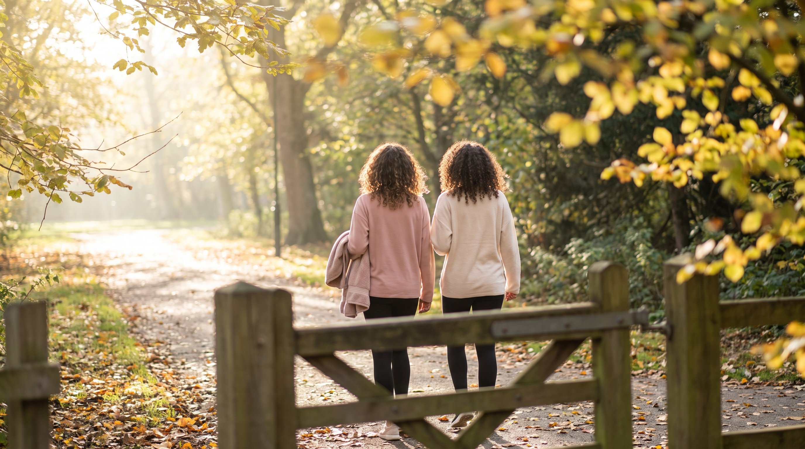 two colleagues walking together outdoors during a lunch break