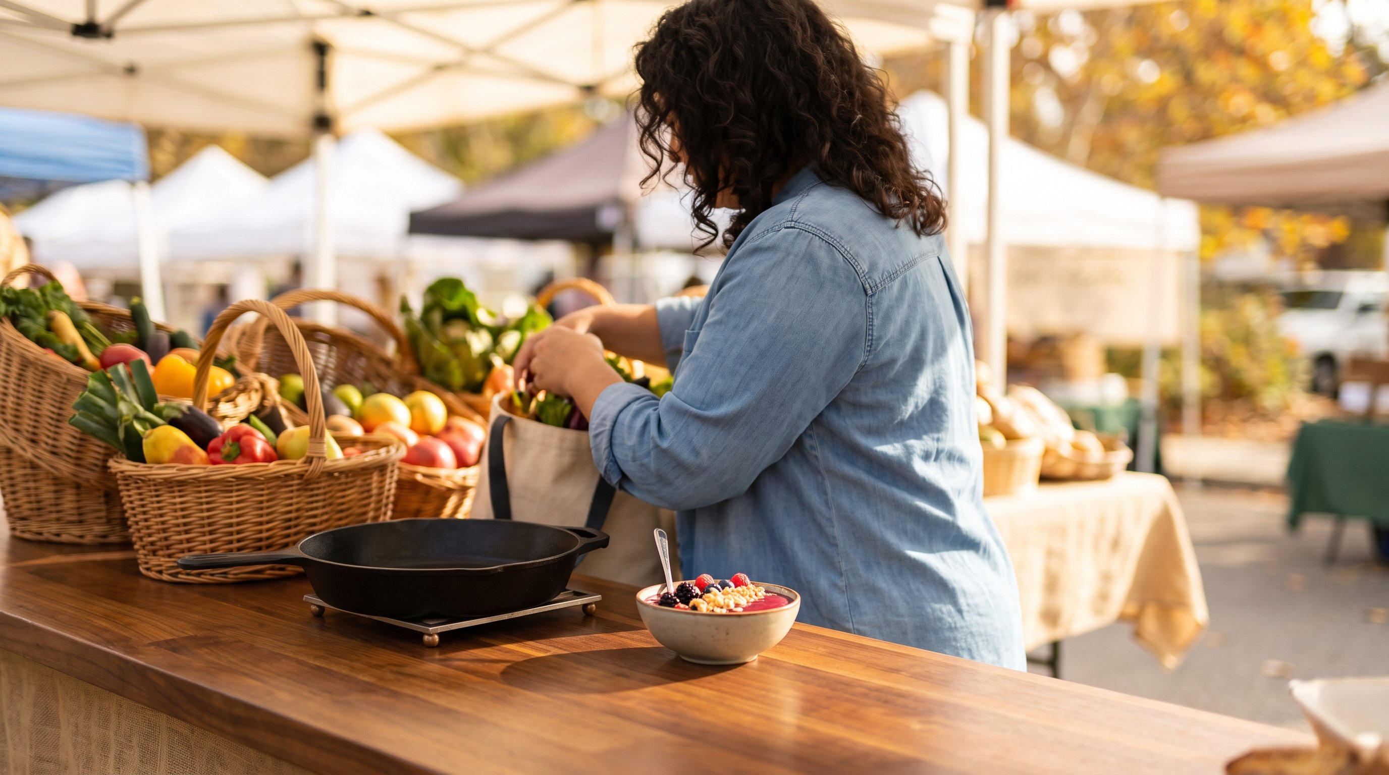 A woman in her 30s putting groceries away in a sunlit kitchen