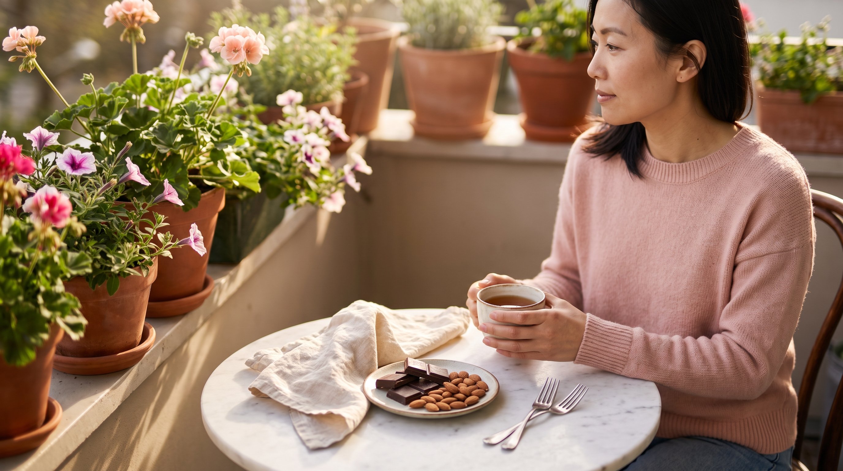A woman in her 30s sitting calmly at a cozy breakfast table with a cup of tea