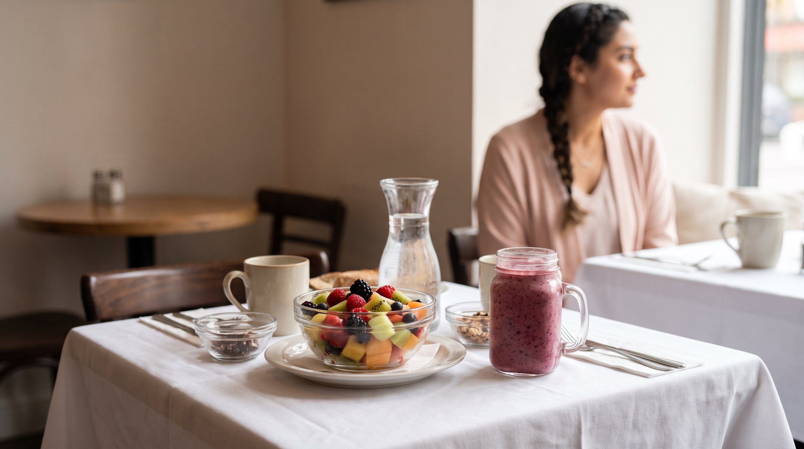 A berry smoothie and a fruit bowl ready to eat on a cozy breakfast table