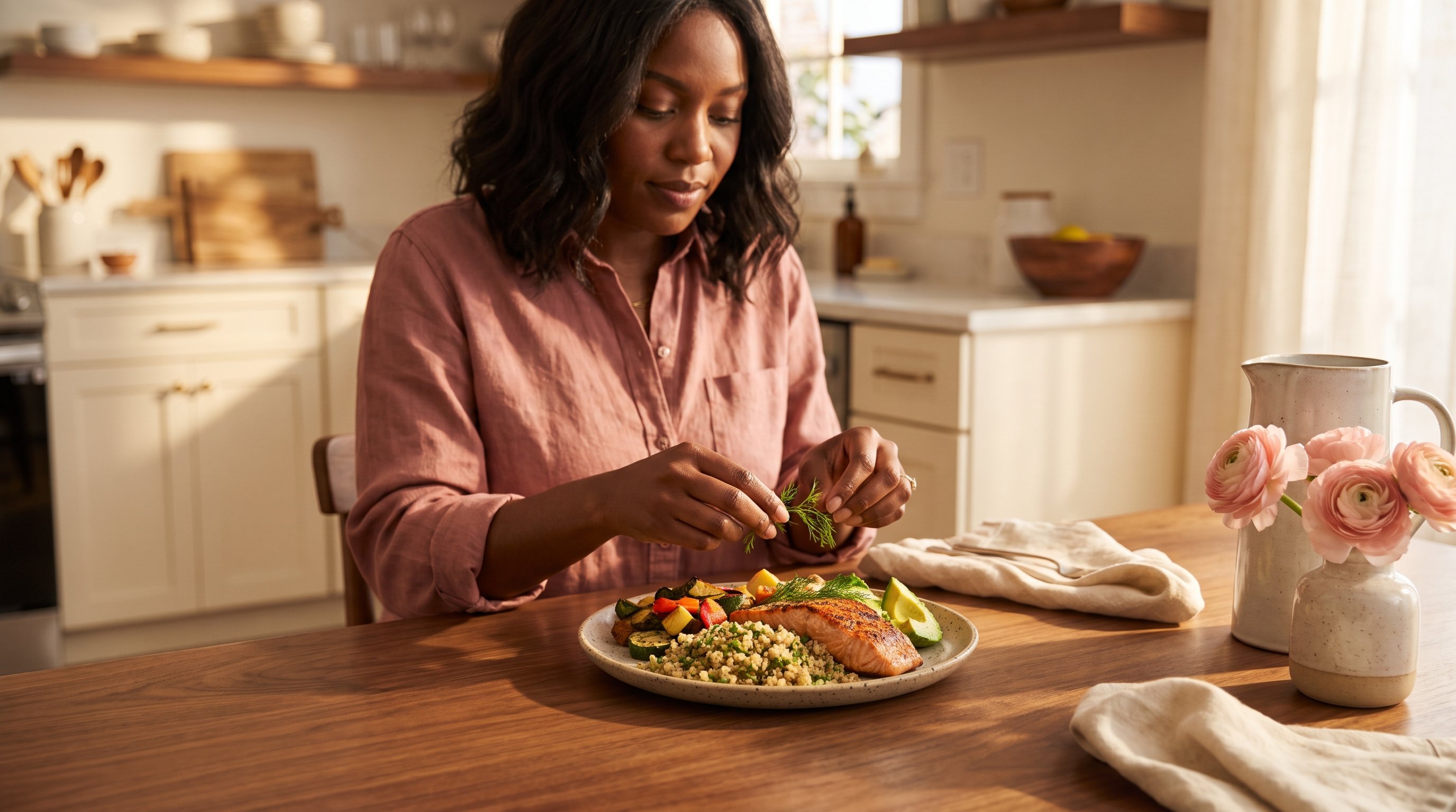 A woman in her 30s preparing a colourful salmon and quinoa plate in a sunlit kitchen