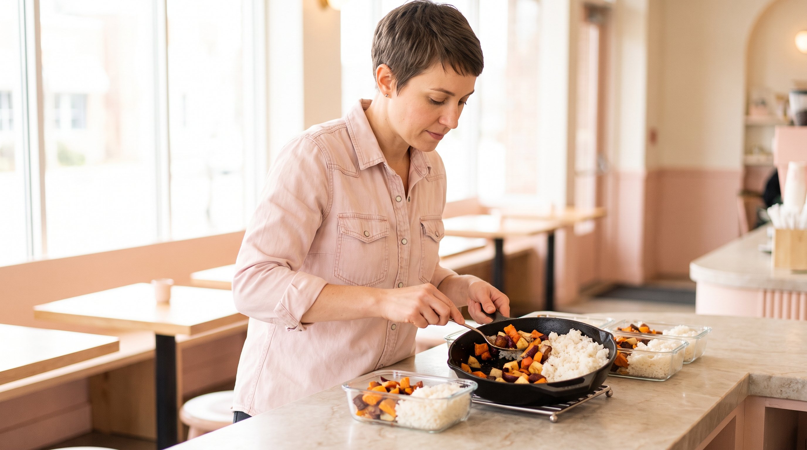 woman portioning roasted vegetables and rice into glass meal prep containers