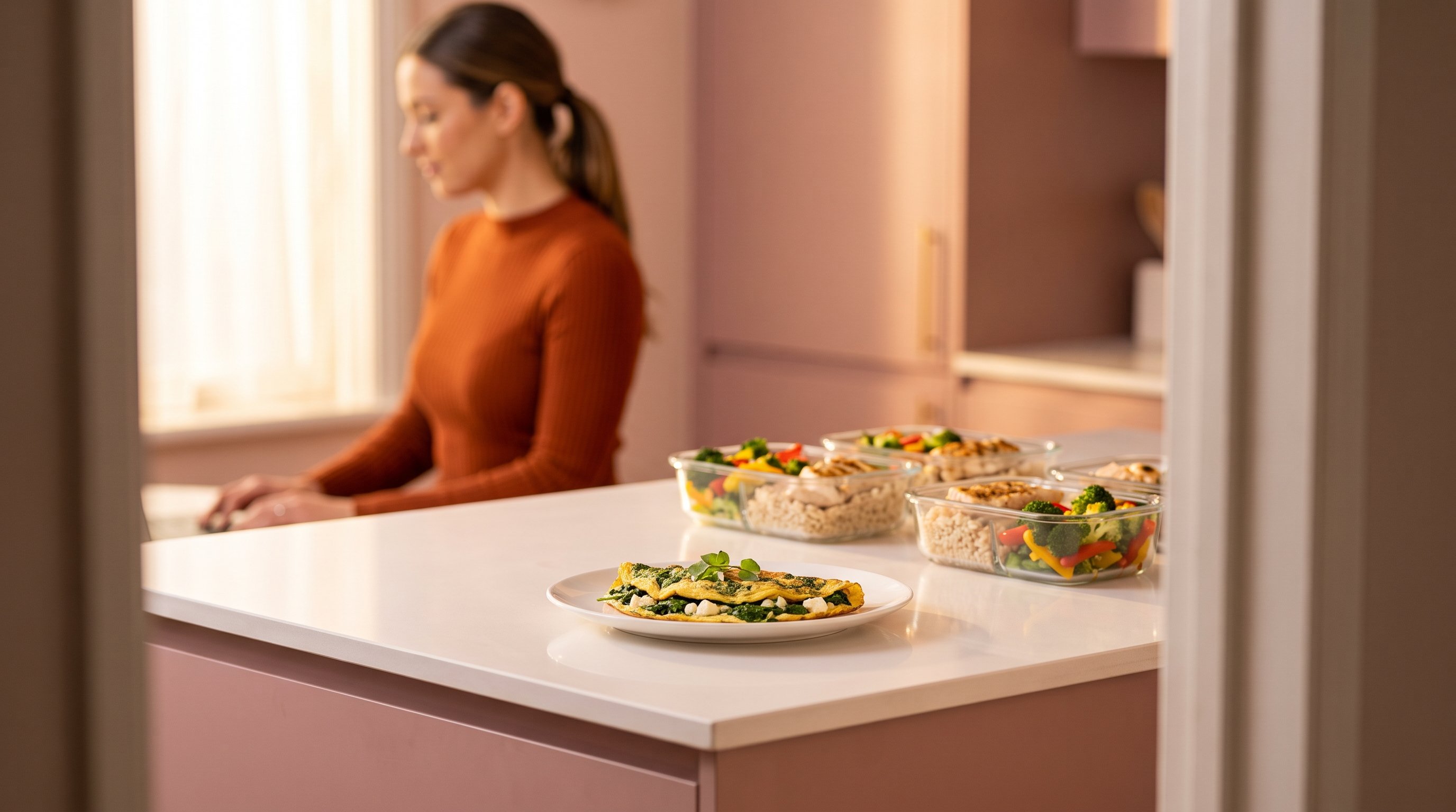 containers of cooked chicken rice and vegetables lined up on a kitchen counter