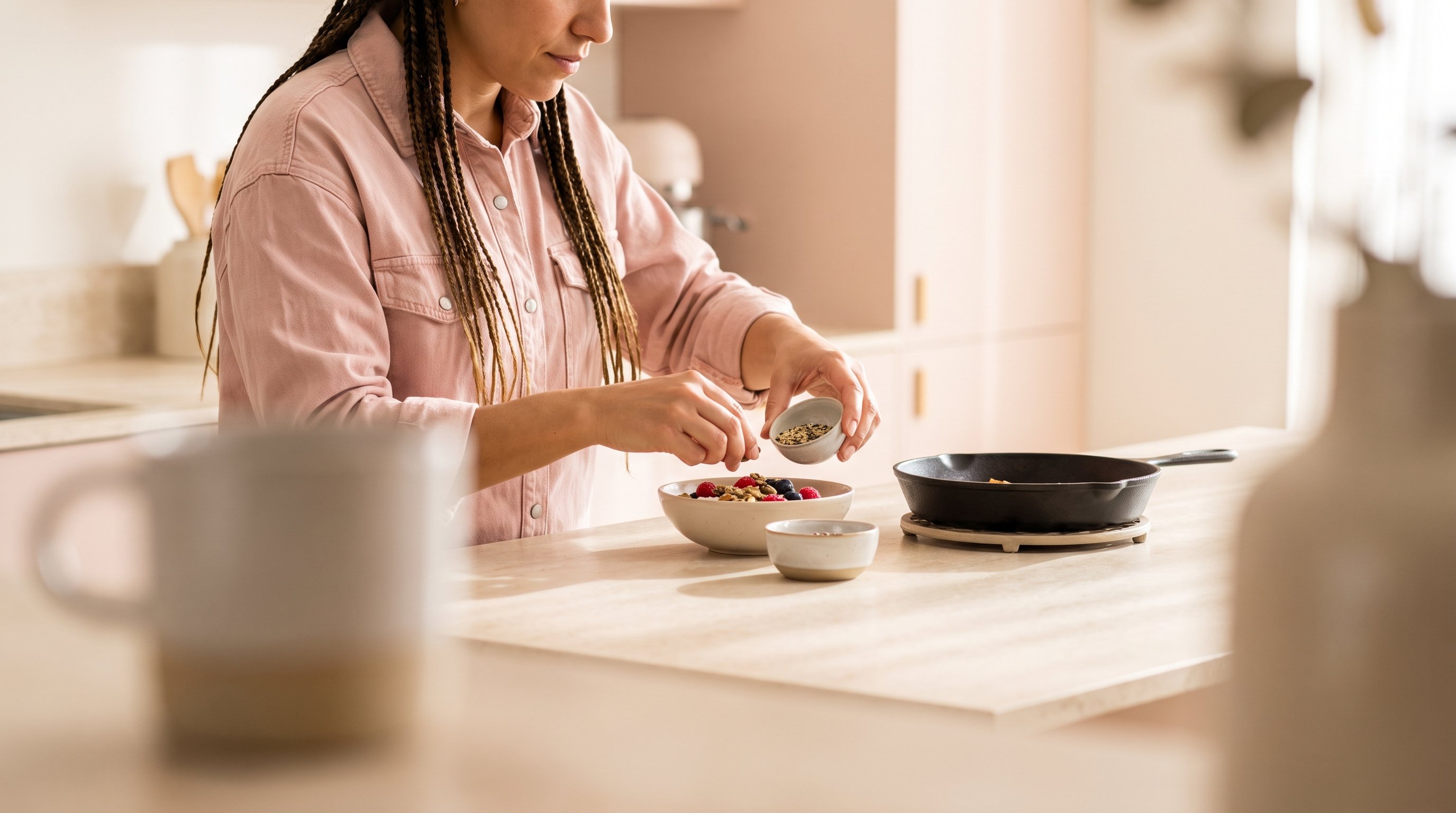 A woman in her 30s cooking a yogurt bowl with seeds and berries in a sunlit kitchen