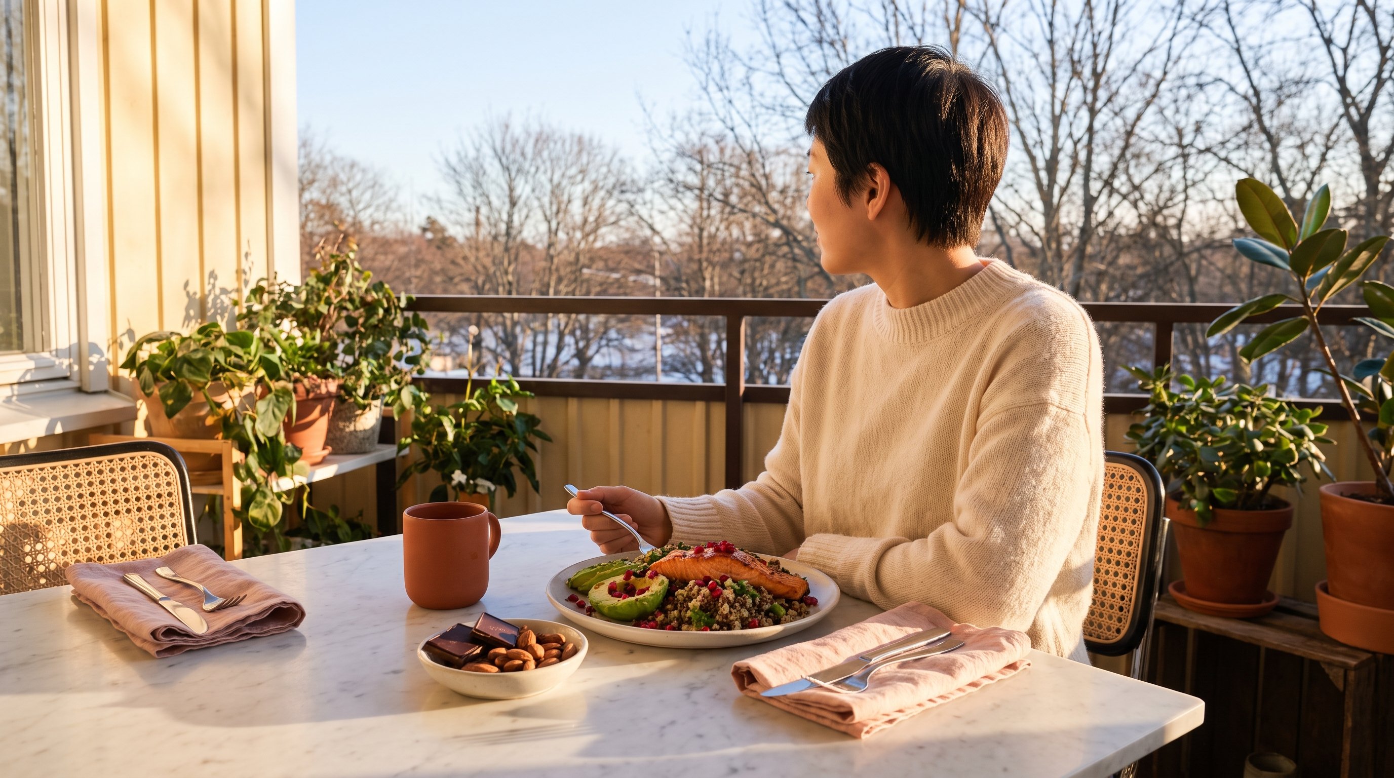 A woman in her 30s enjoying a colourful salmon and quinoa plate at a cozy breakfast table