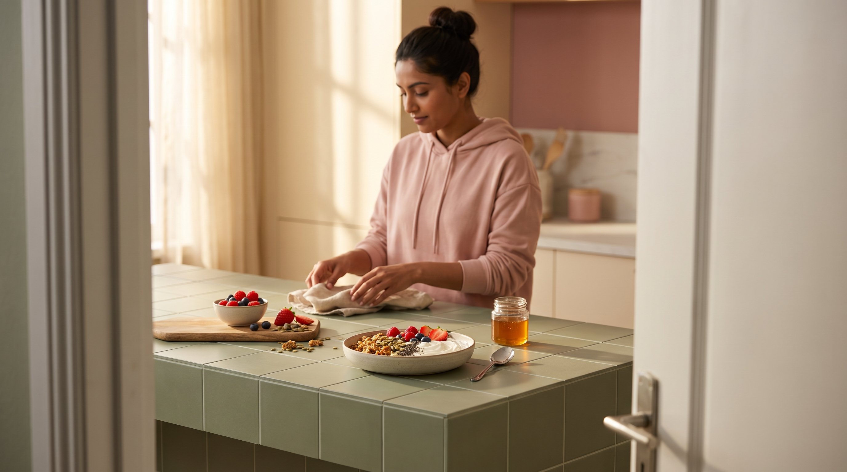 A yogurt bowl with seeds and berries beside fresh ingredients on a cozy breakfast table