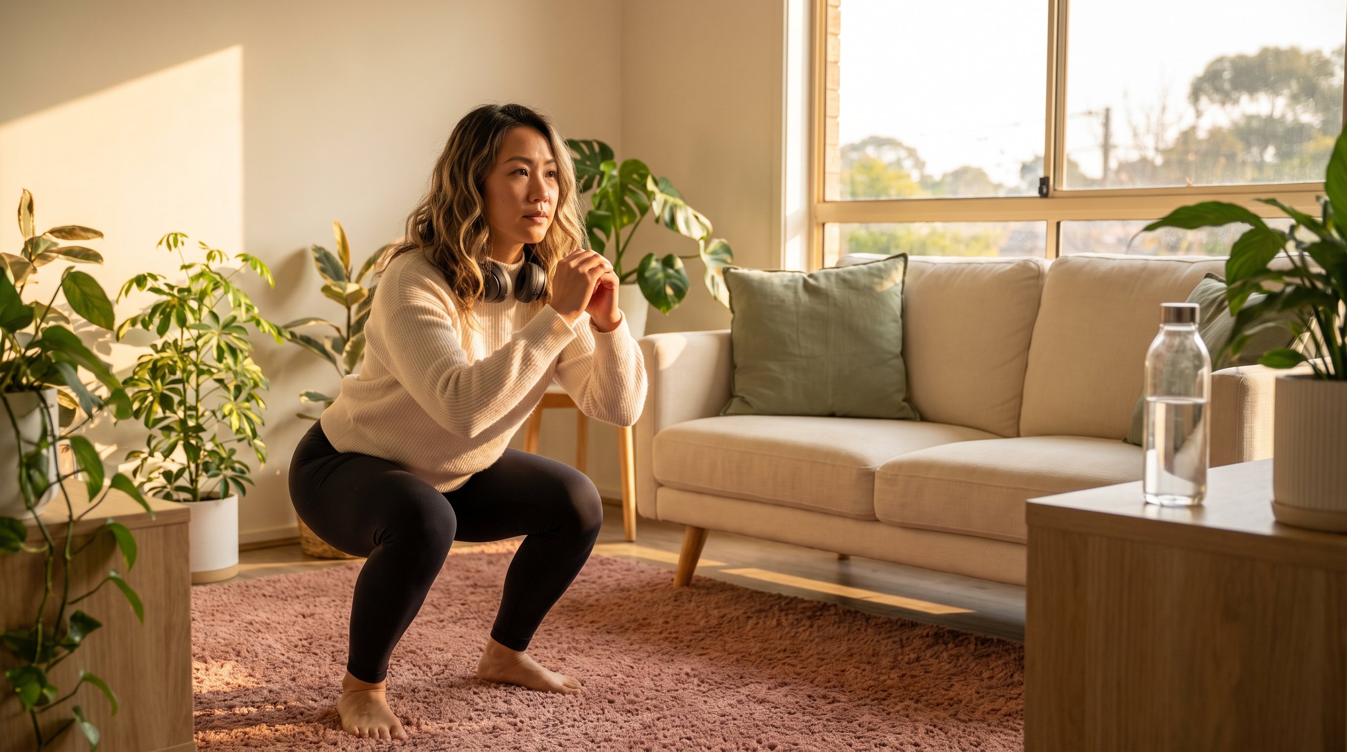 woman doing bodyweight squats on a living room rug woman doing bodyweight squats on a living room rug