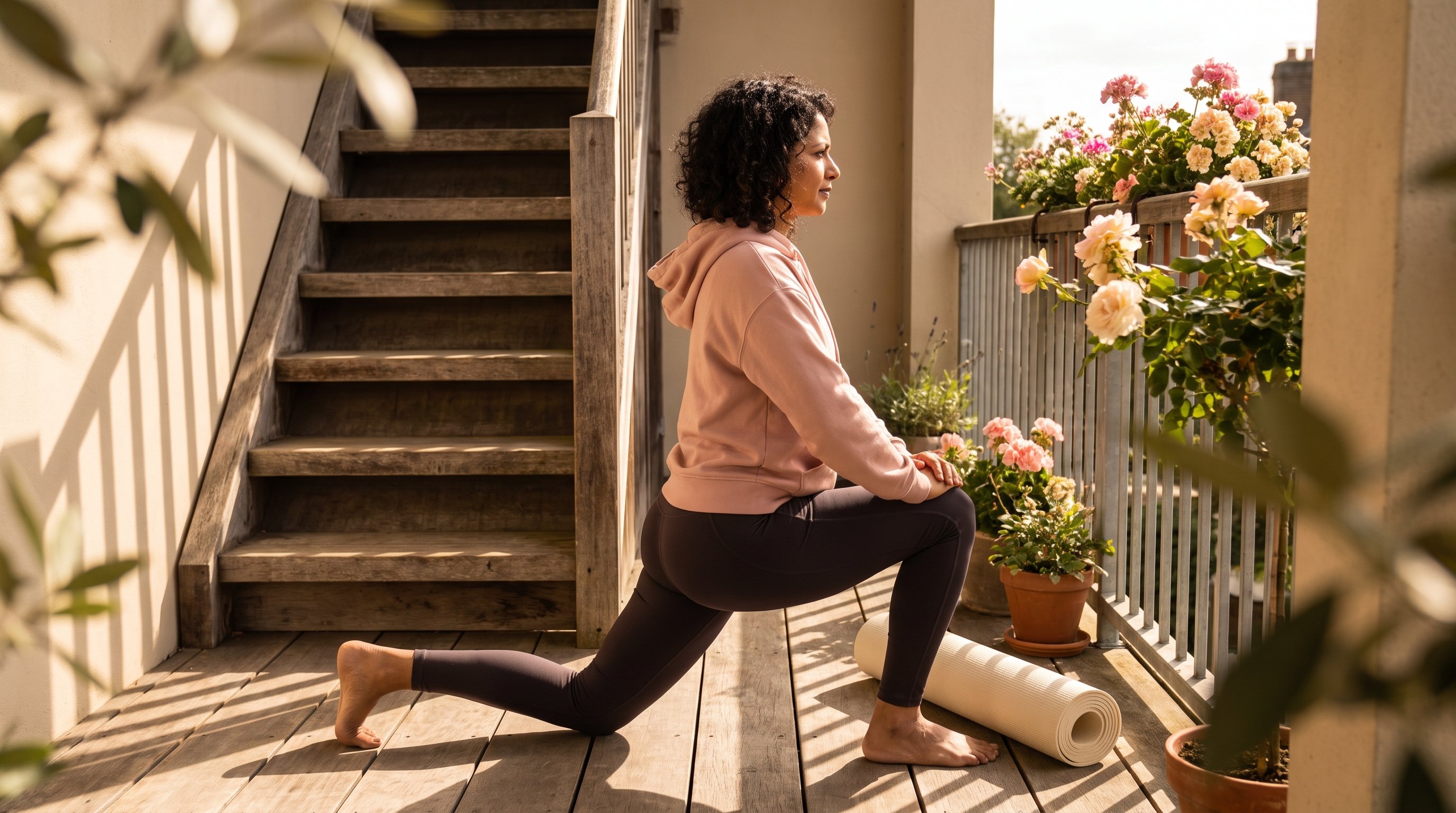 person doing a split lunge beside a staircase at home